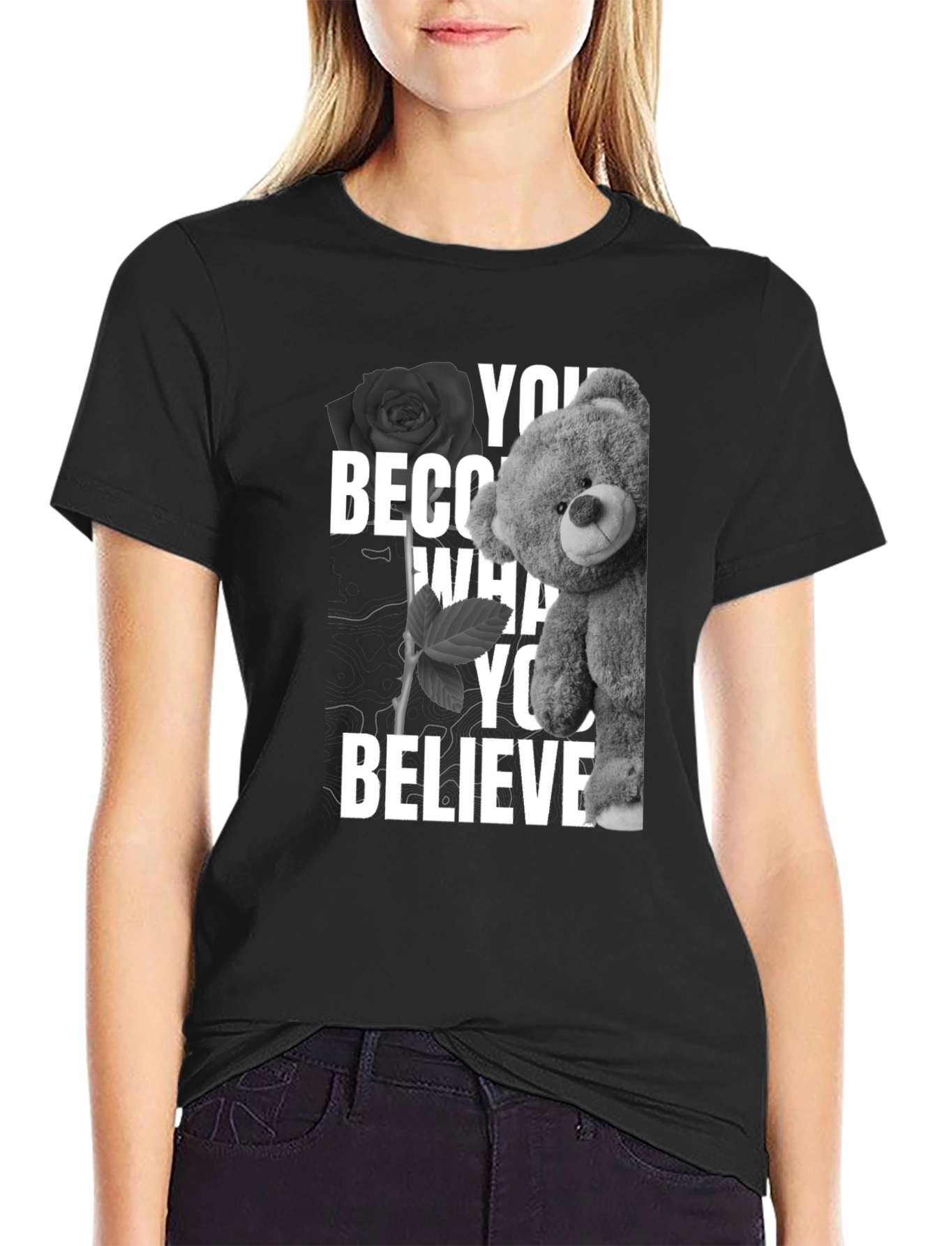 Believe Teddy Bear Rose Graphic Tee
