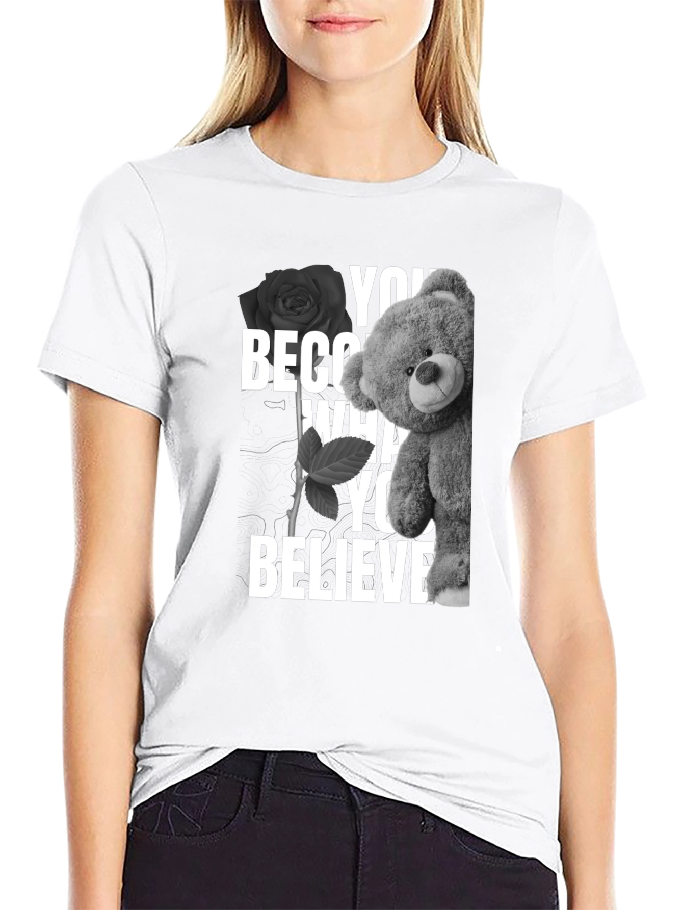 Believe Teddy Bear Rose Graphic Tee