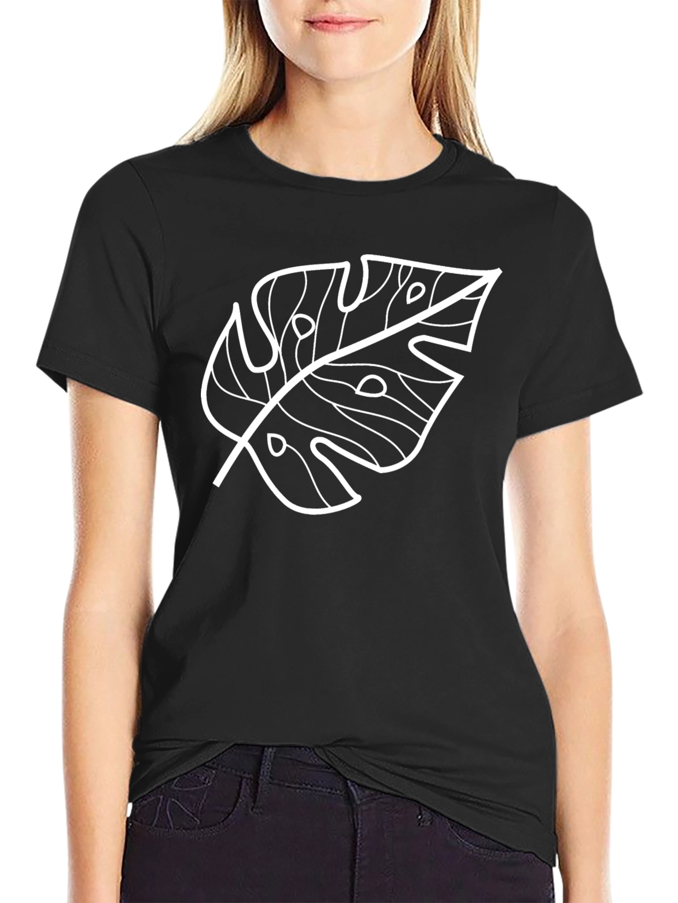 Tropical Monstera Leaf Graphic Tee - Black