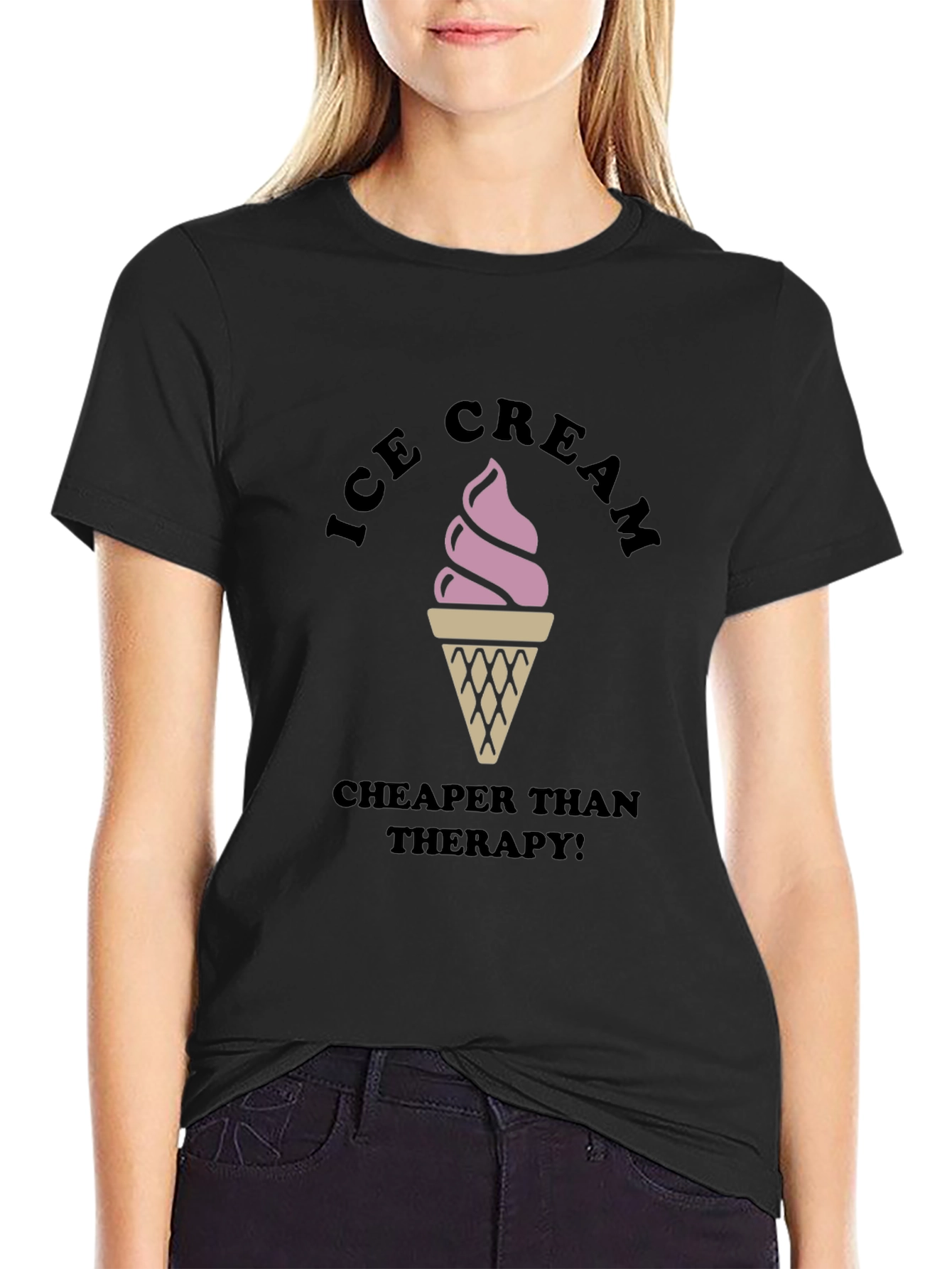 Ice Cream Cheaper Than Therapy Black T-Shirt