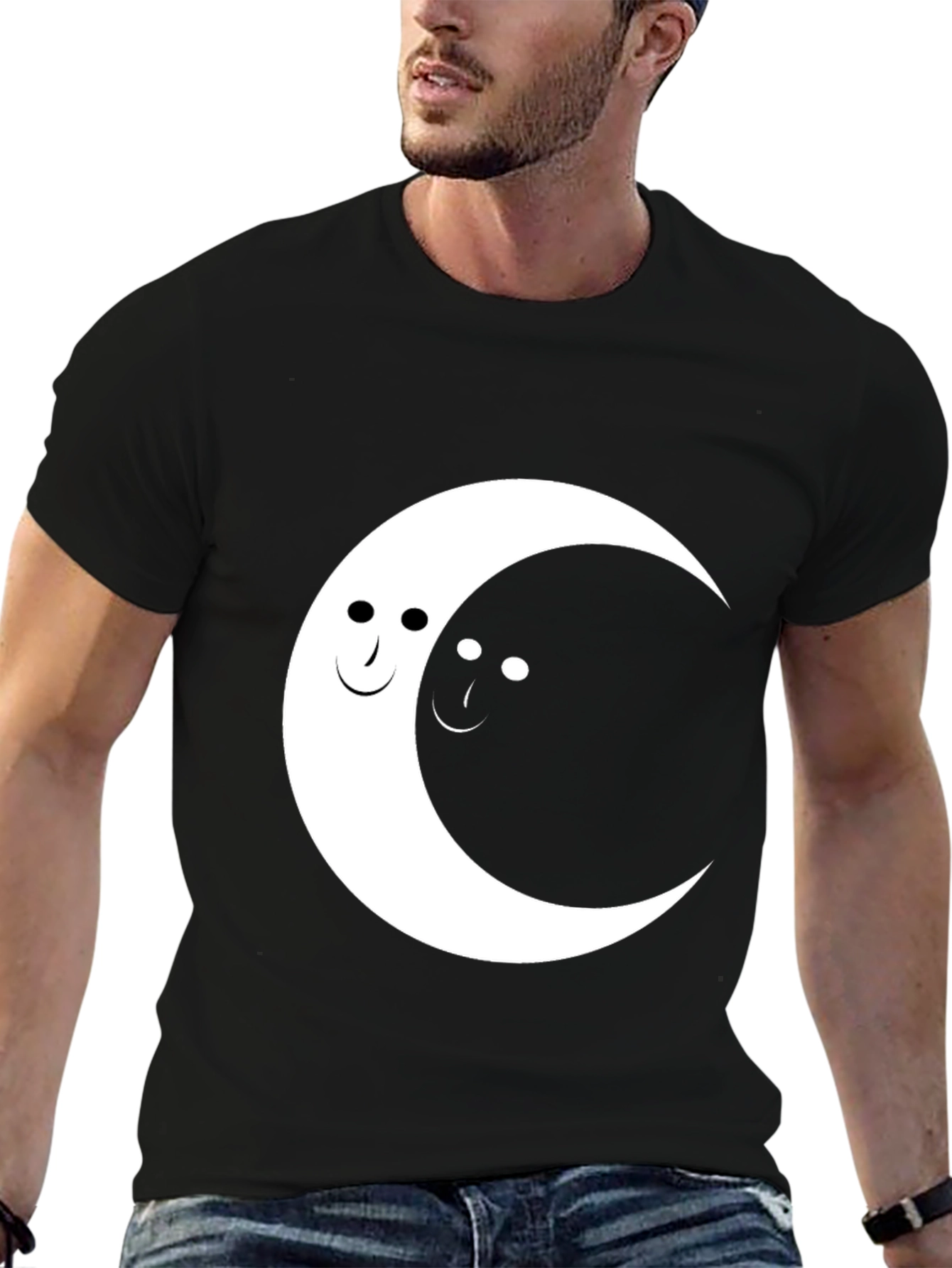 Yin Yang Moon Face Graphic Tee - Black