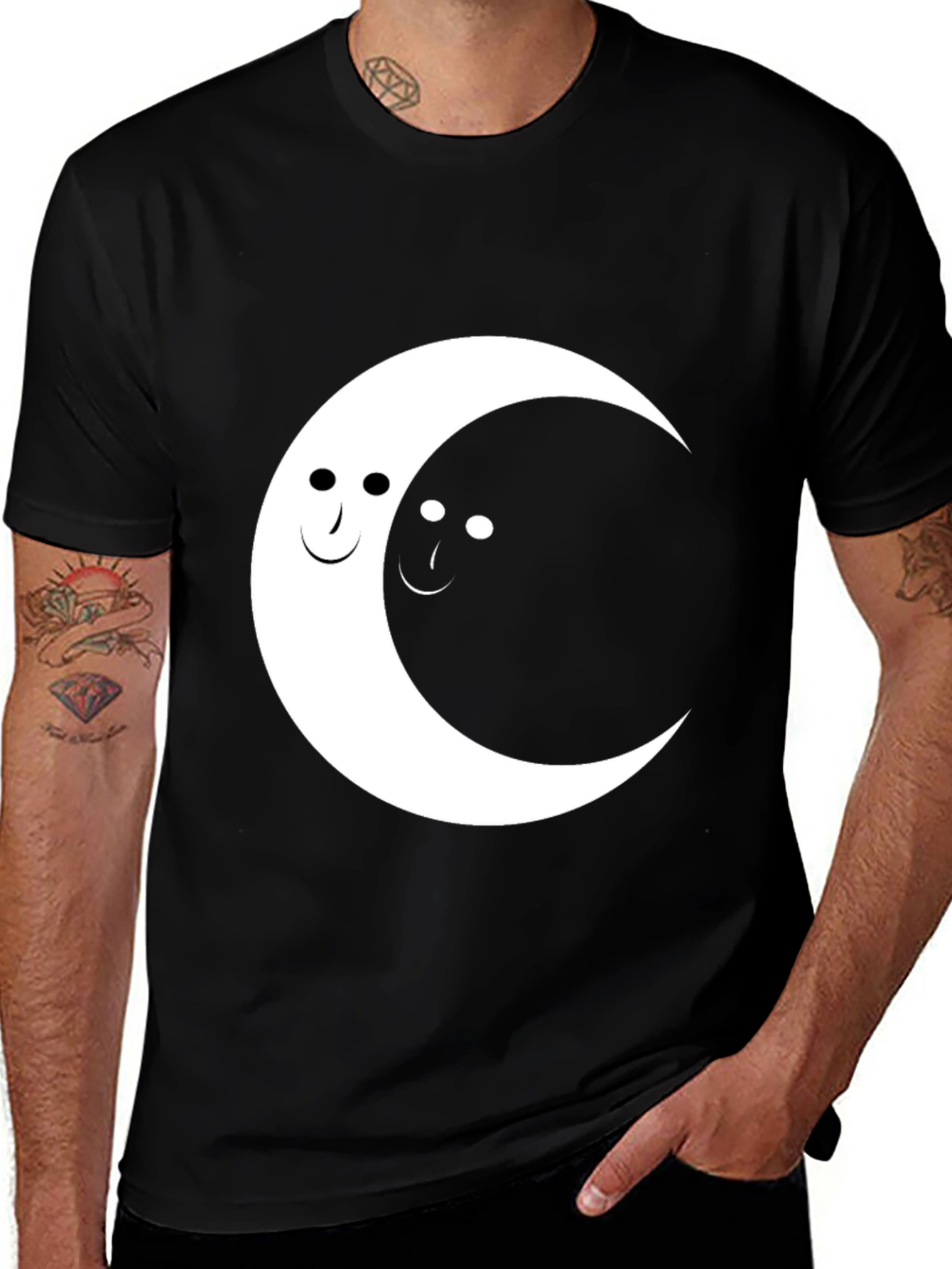 Yin Yang Moon Face Graphic Tee - Black