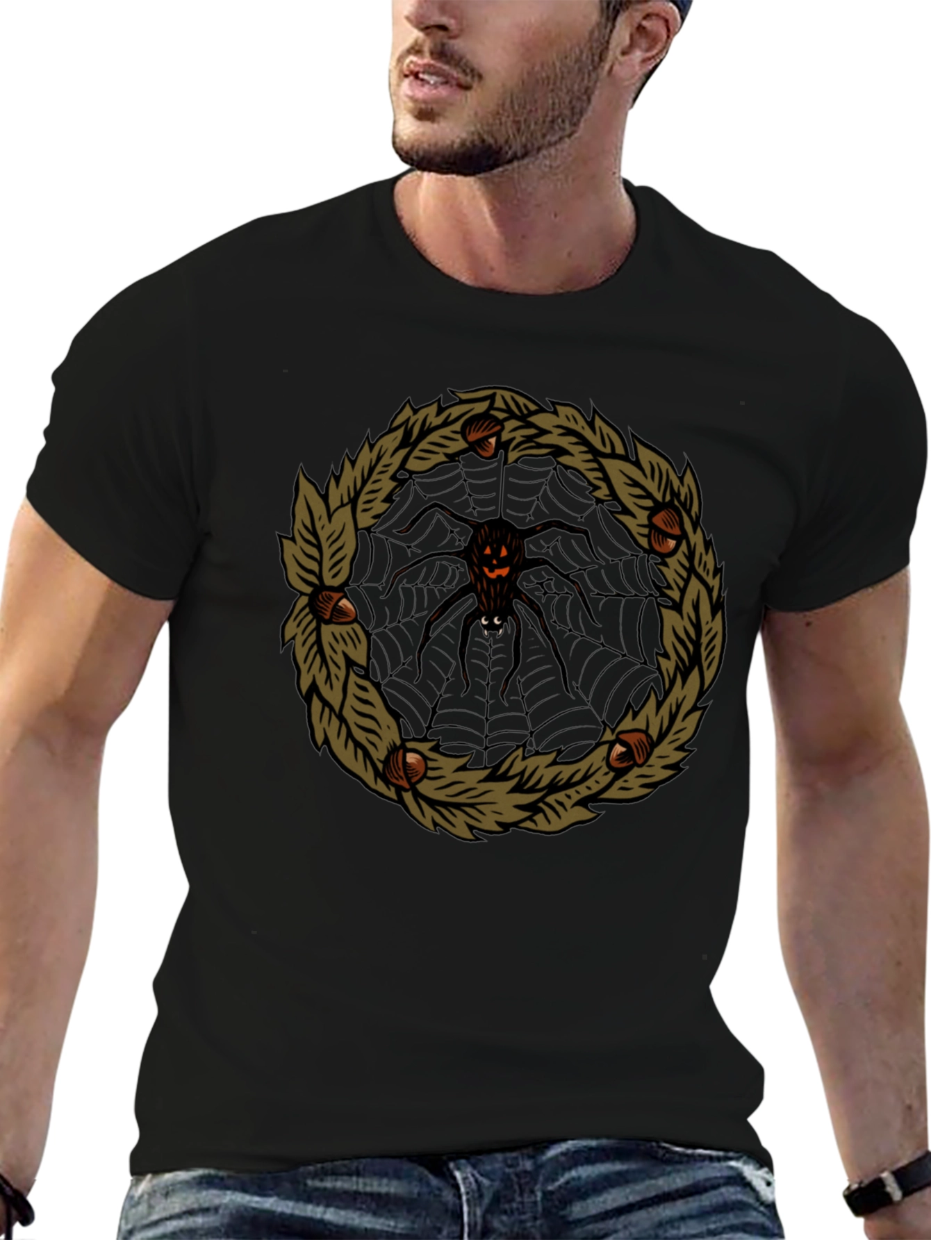 Halloween Spider Web Wreath Black T-Shirt