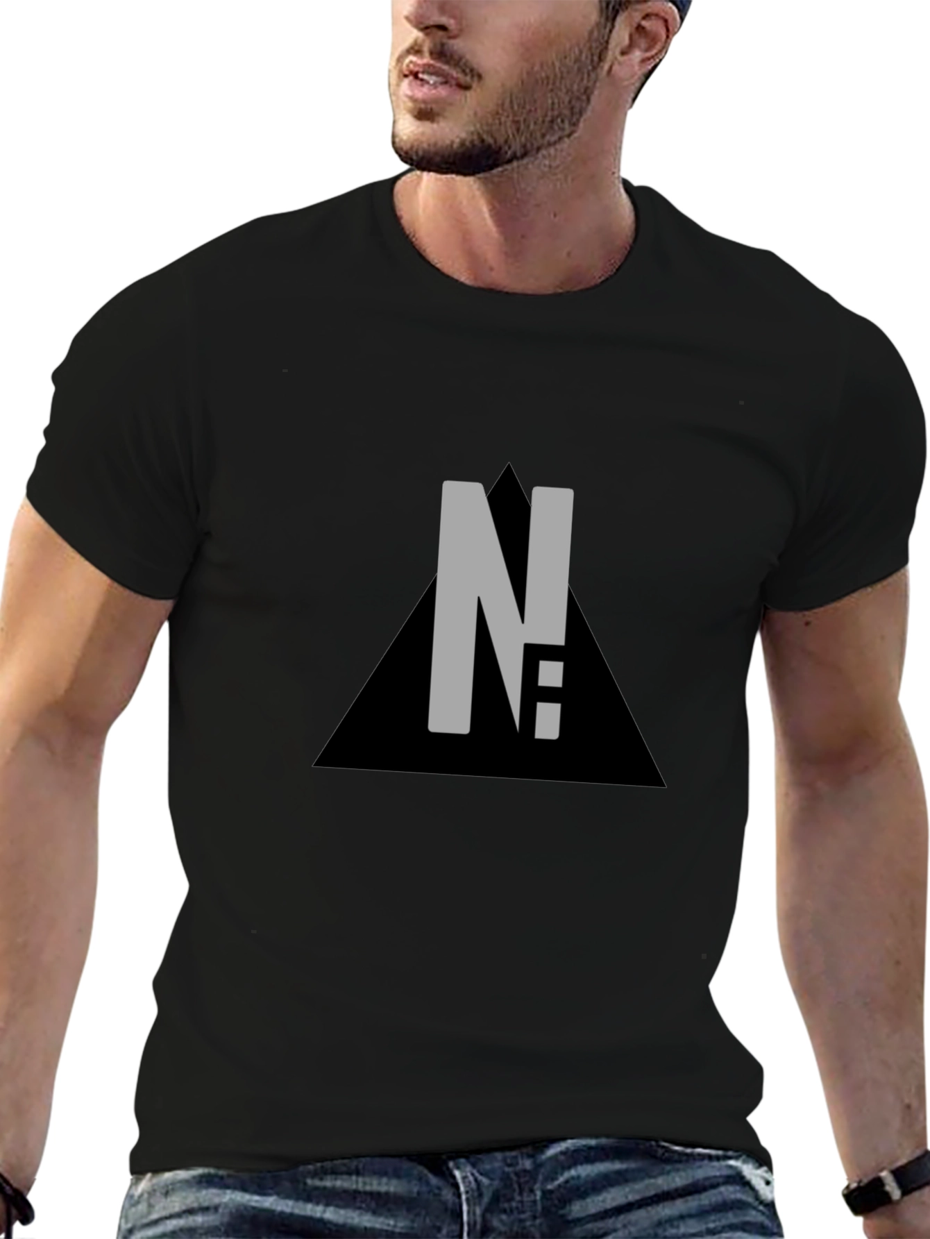 Modern Black Graphic Tee - Letter & Triangle Design