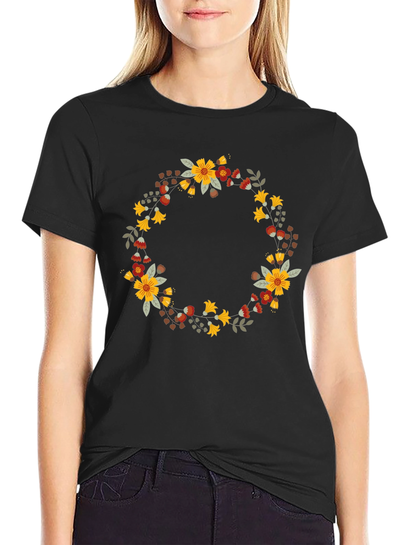 Floral Wreath Graphic Black T-Shirt