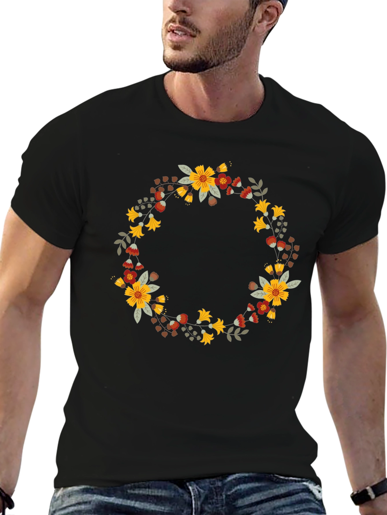 Floral Wreath Graphic Black T-Shirt