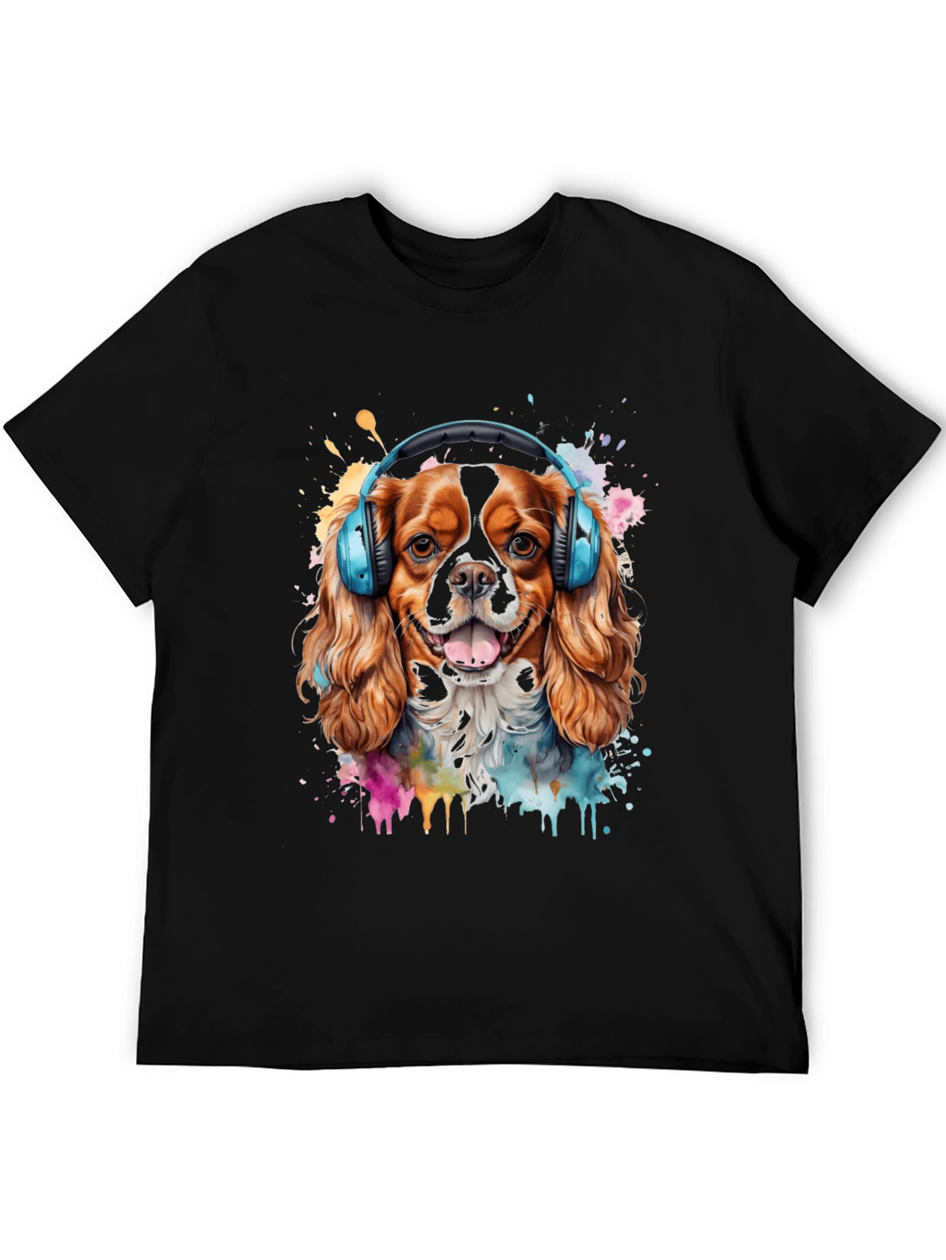 Dog with Headphones Mens Black T-Shirt