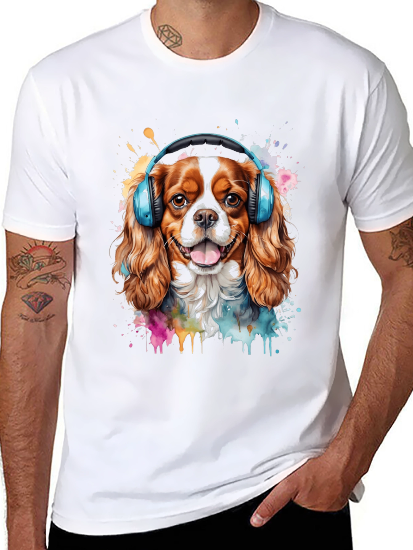 Dog with Headphones Mens Black T-Shirt