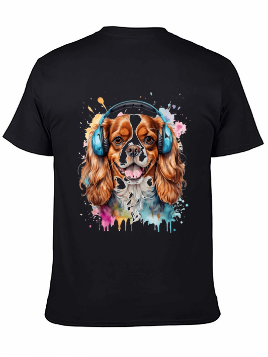 Dog with Headphones Mens Black T-Shirt