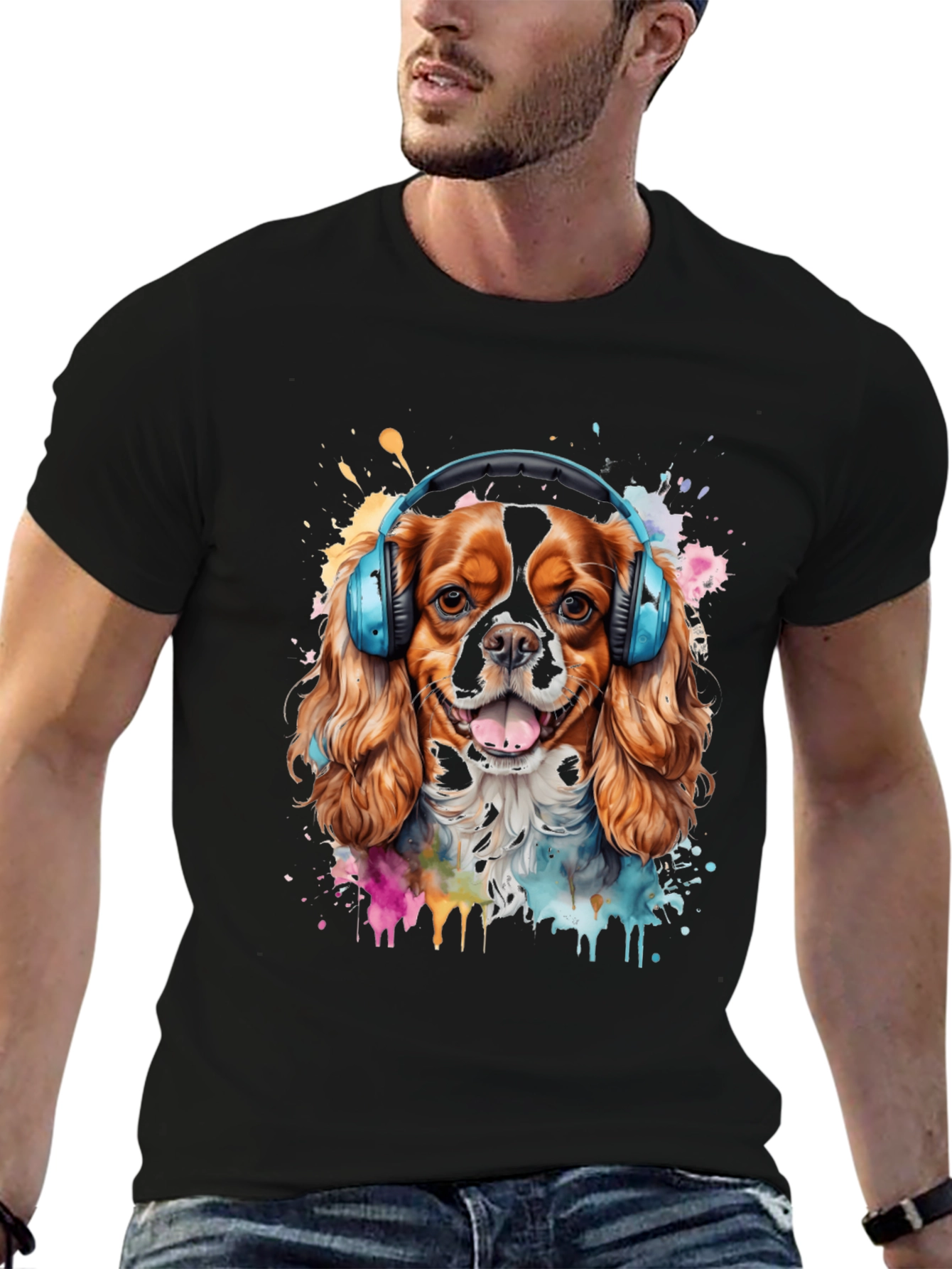 Dog with Headphones Mens Black T-Shirt