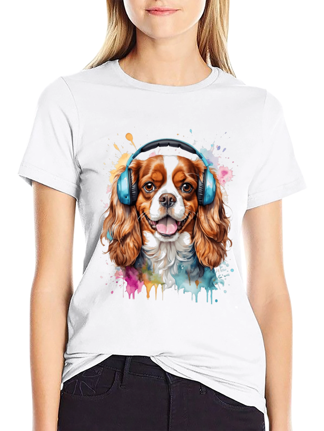 Dog with Headphones Mens Black T-Shirt