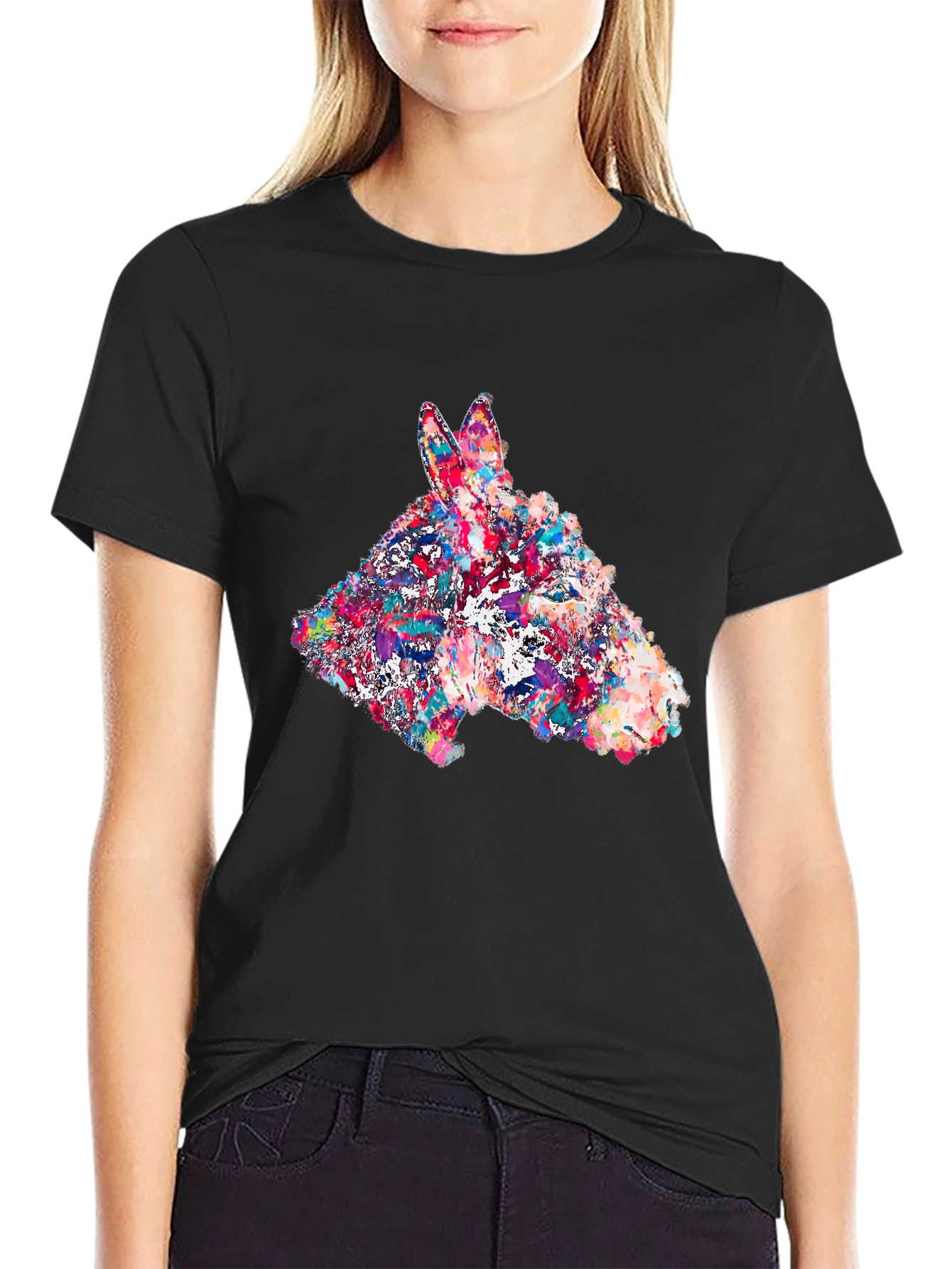 Abstract Donkey Graphic Print Black T-Shirt
