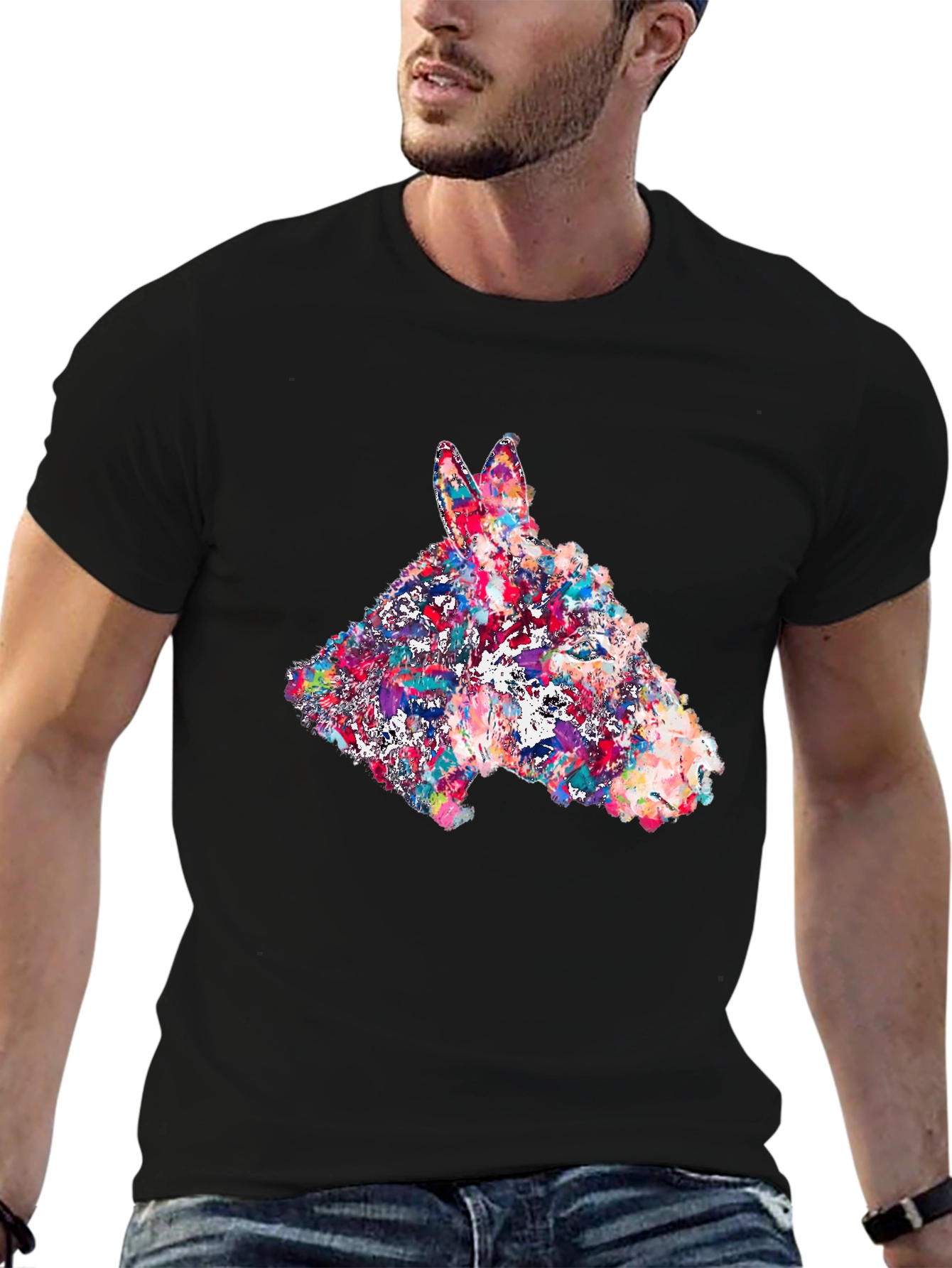 Abstract Donkey Graphic Print Black T-Shirt