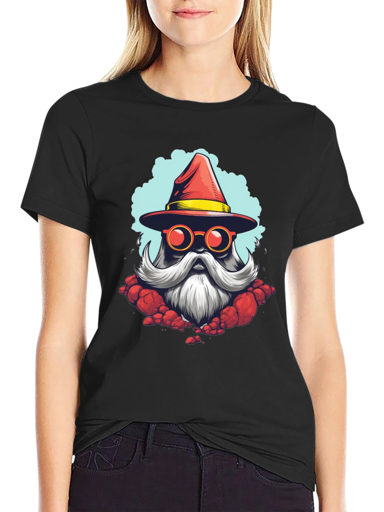 Santa Wizard Graphic Tee - Black Cotton Blend