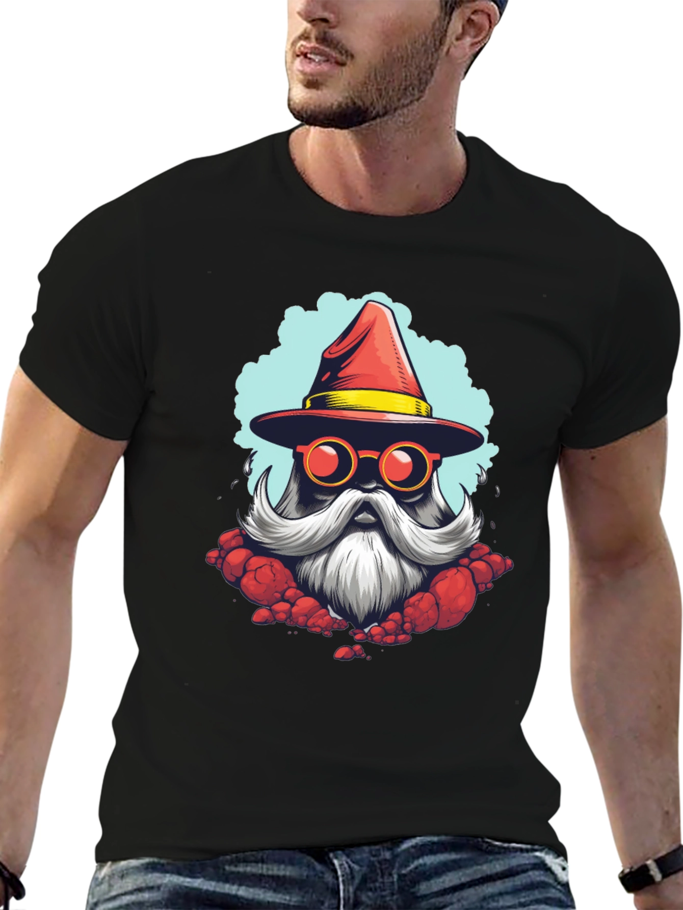 Santa Wizard Graphic Tee - Black Cotton Blend
