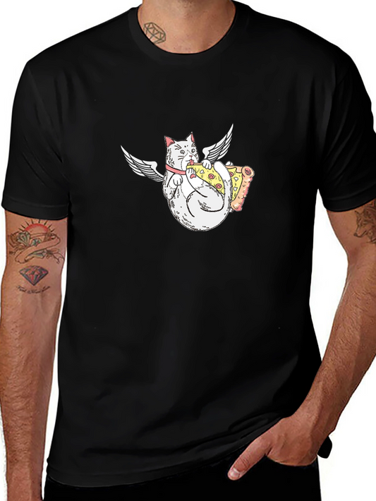 Angel Cat Eating Pizza Graphic T-Shirt