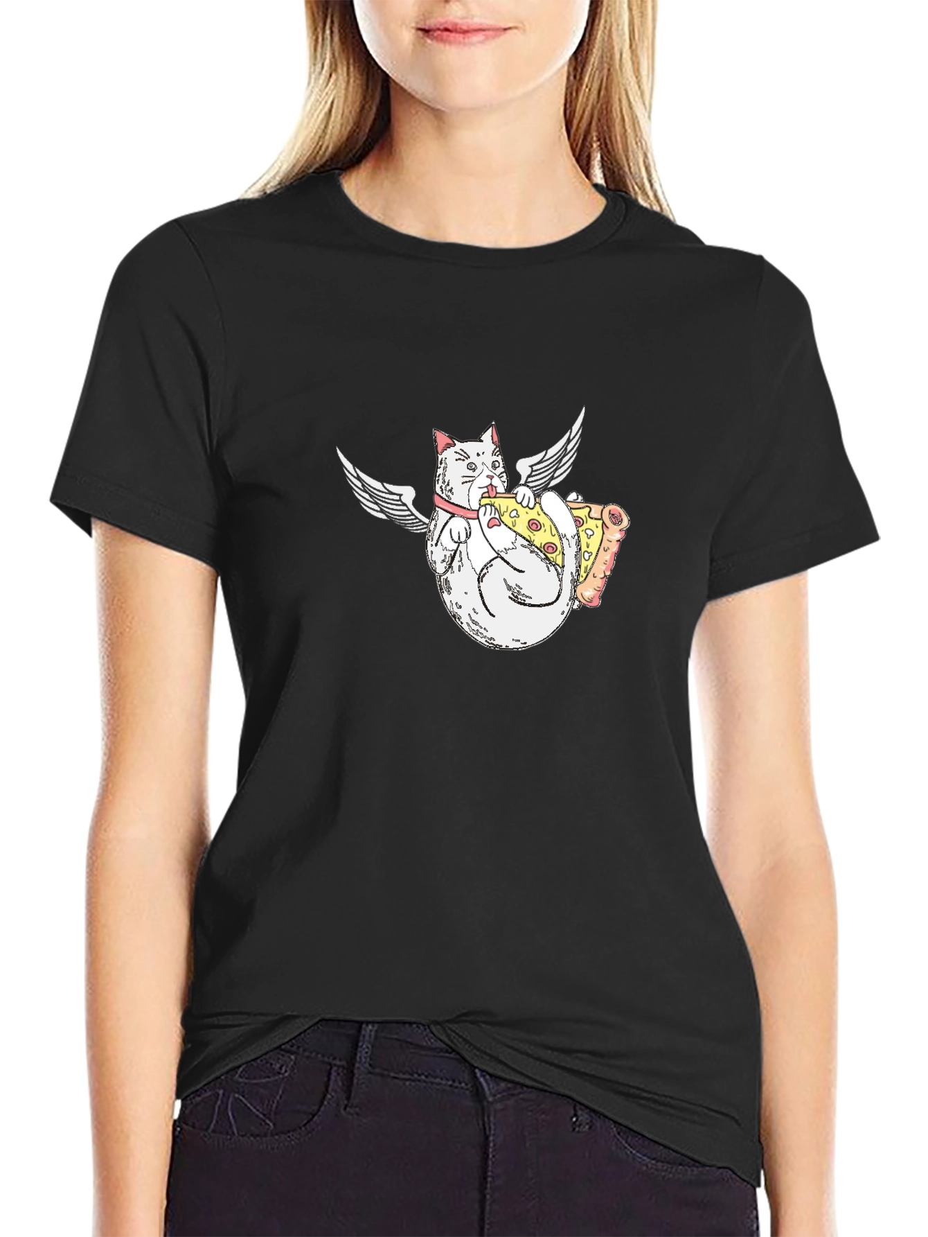 Angel Cat Eating Pizza Graphic T-Shirt