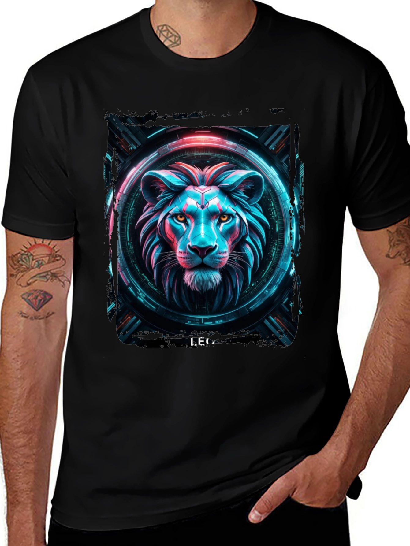 Cyberpunk Lion Graphic Black T-Shirt