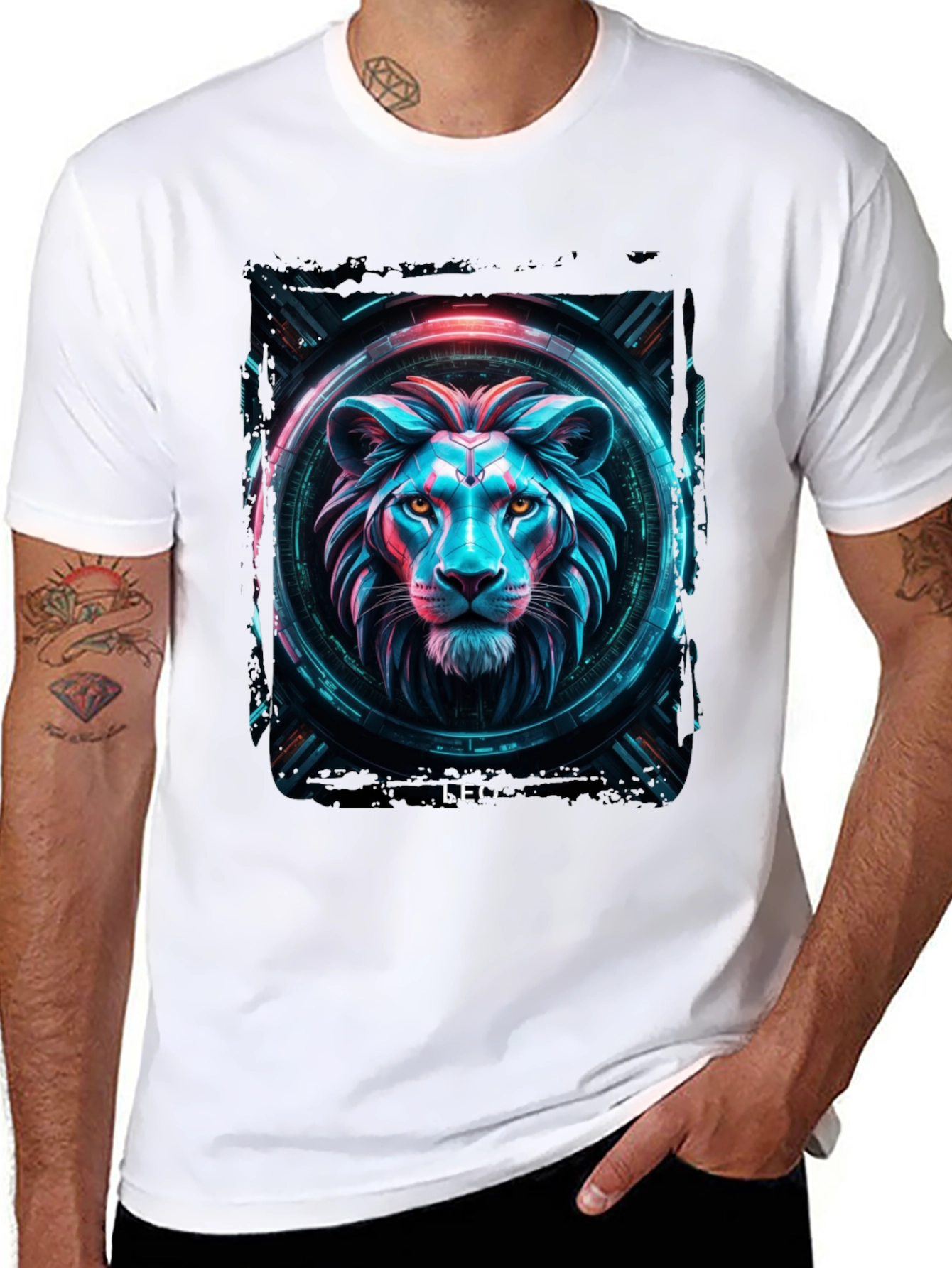 Cyberpunk Lion Graphic Black T-Shirt