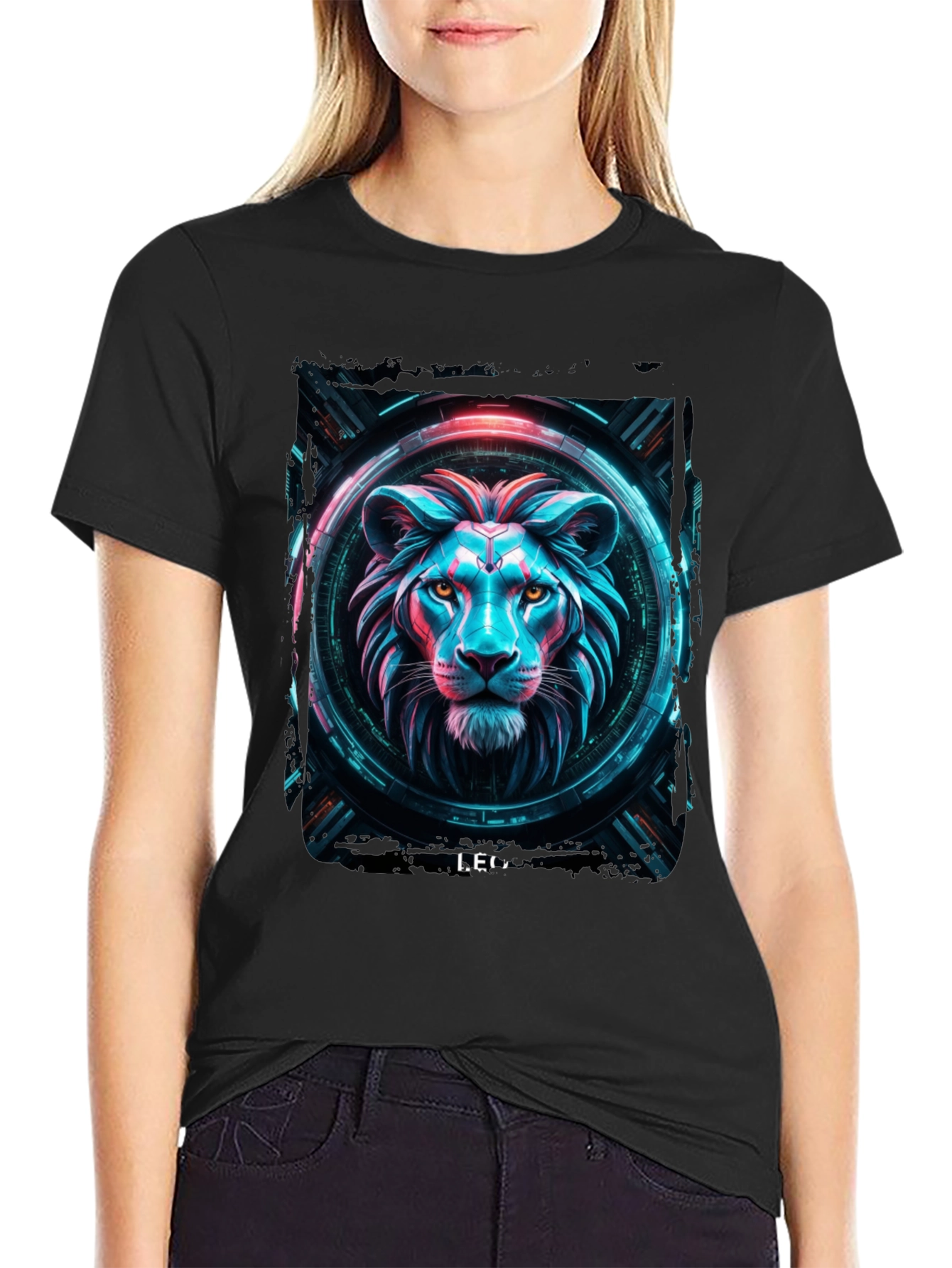 Cyberpunk Lion Graphic Black T-Shirt