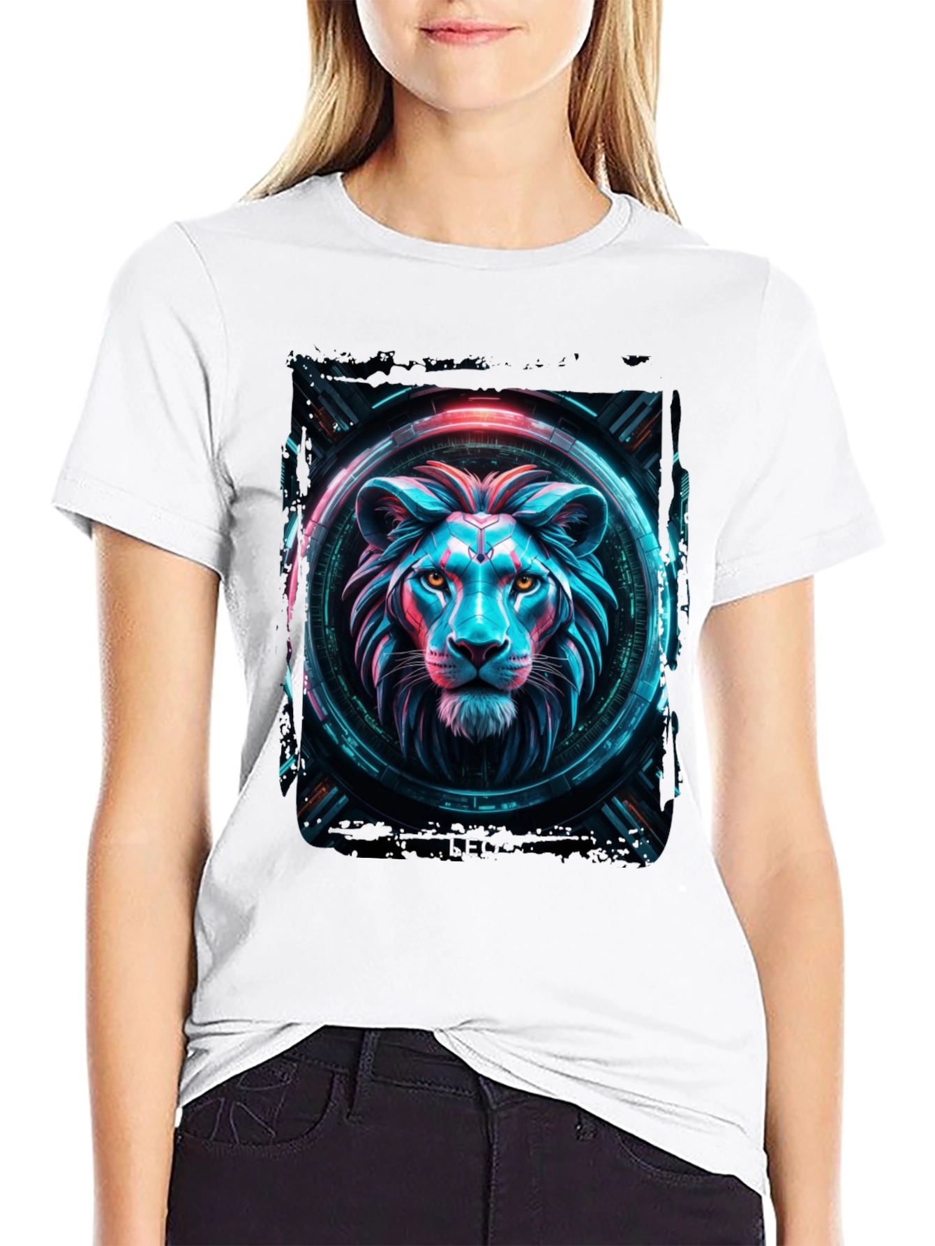 Cyberpunk Lion Graphic Black T-Shirt