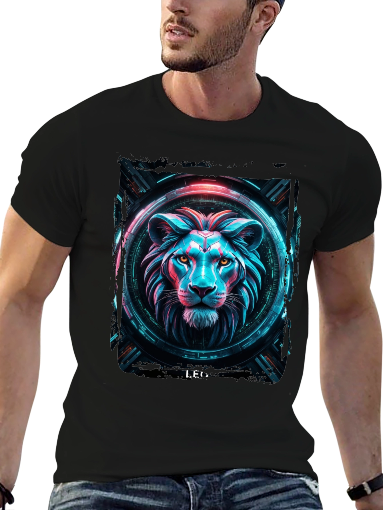 Cyberpunk Lion Graphic Black T-Shirt