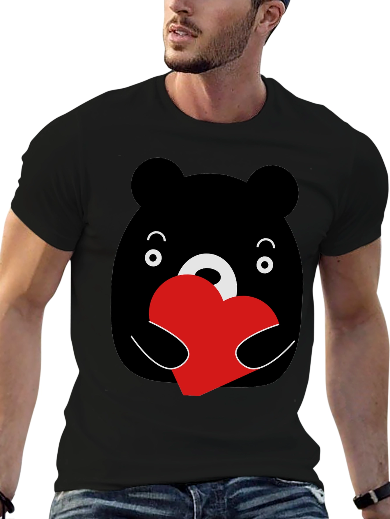 Cute Bear Heart Graphic Black T-Shirt