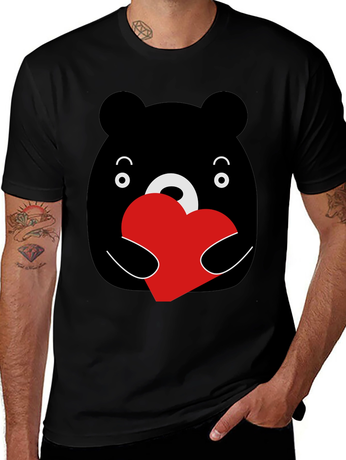 Cute Bear Heart Graphic Black T-Shirt