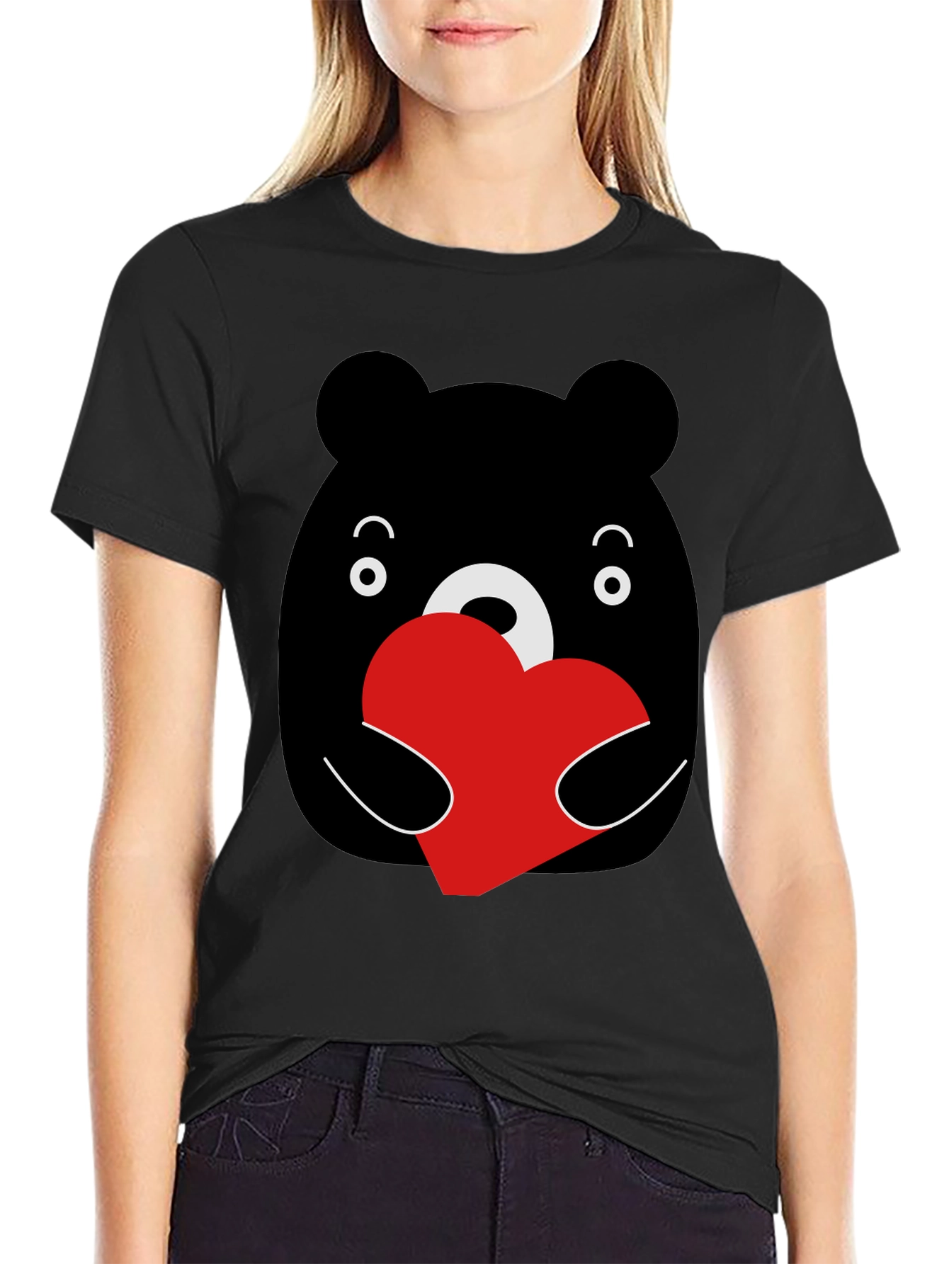 Cute Bear Heart Graphic Black T-Shirt