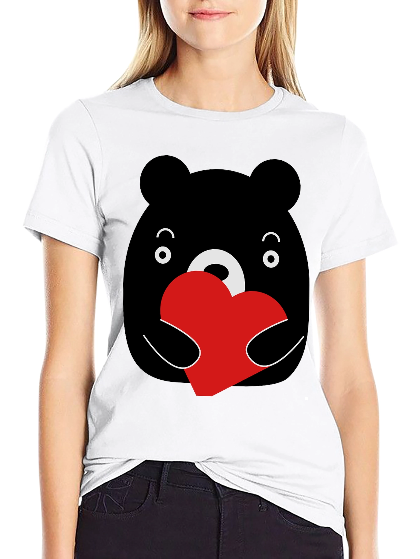 Cute Bear Heart Graphic Black T-Shirt