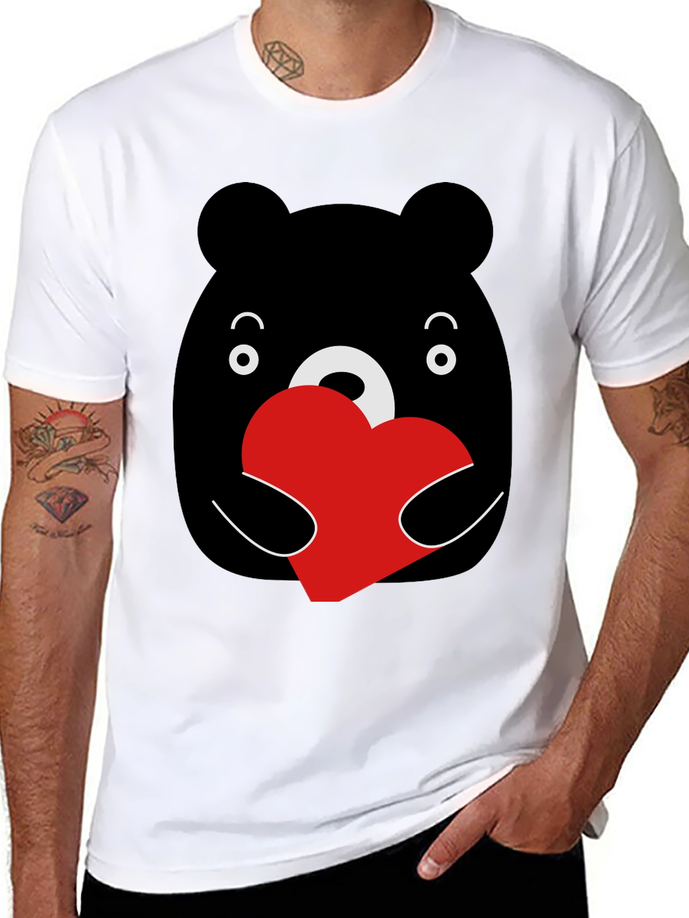 Cute Bear Heart Graphic Black T-Shirt
