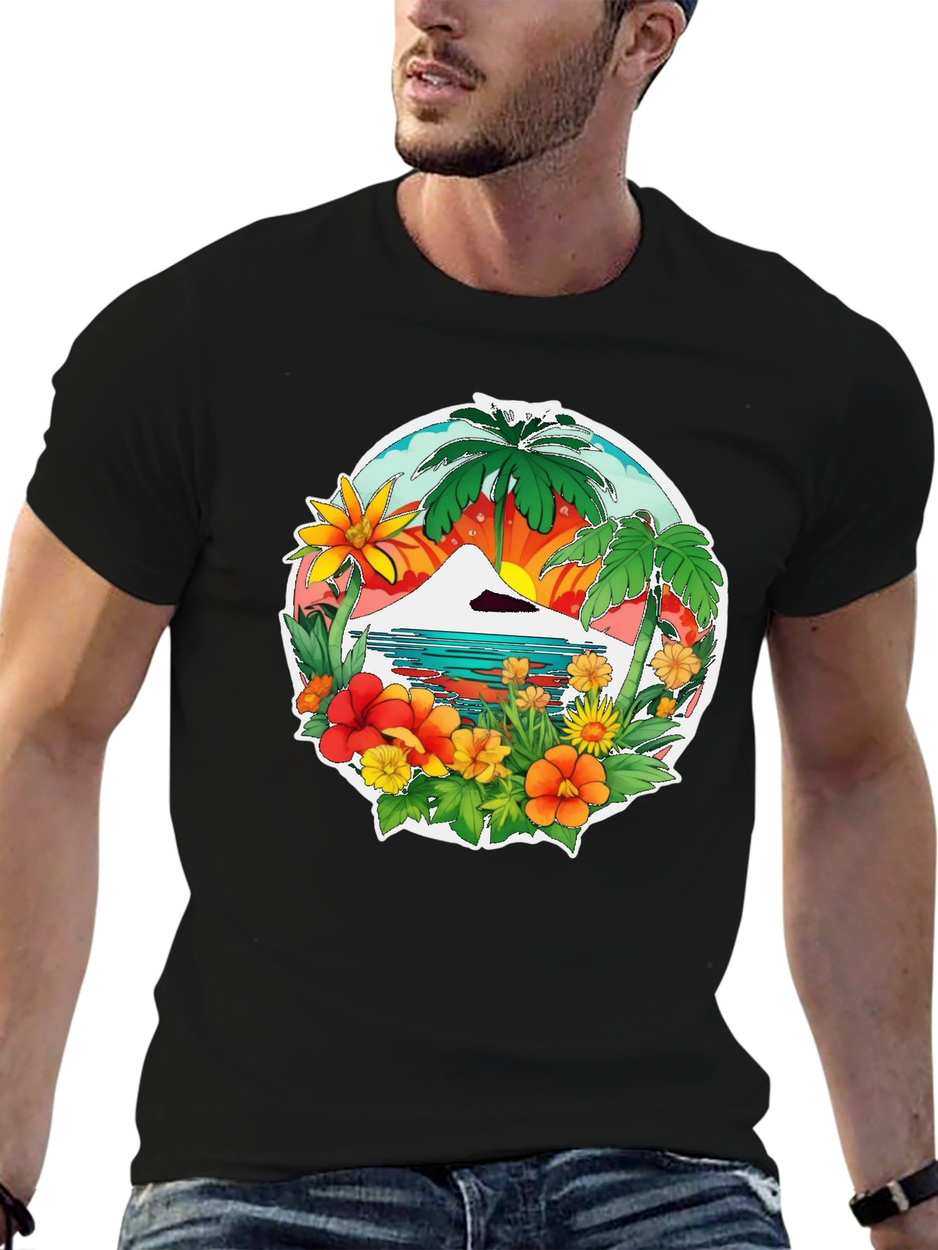 Tropical Island Graphic Tee - Black Casual Shirt