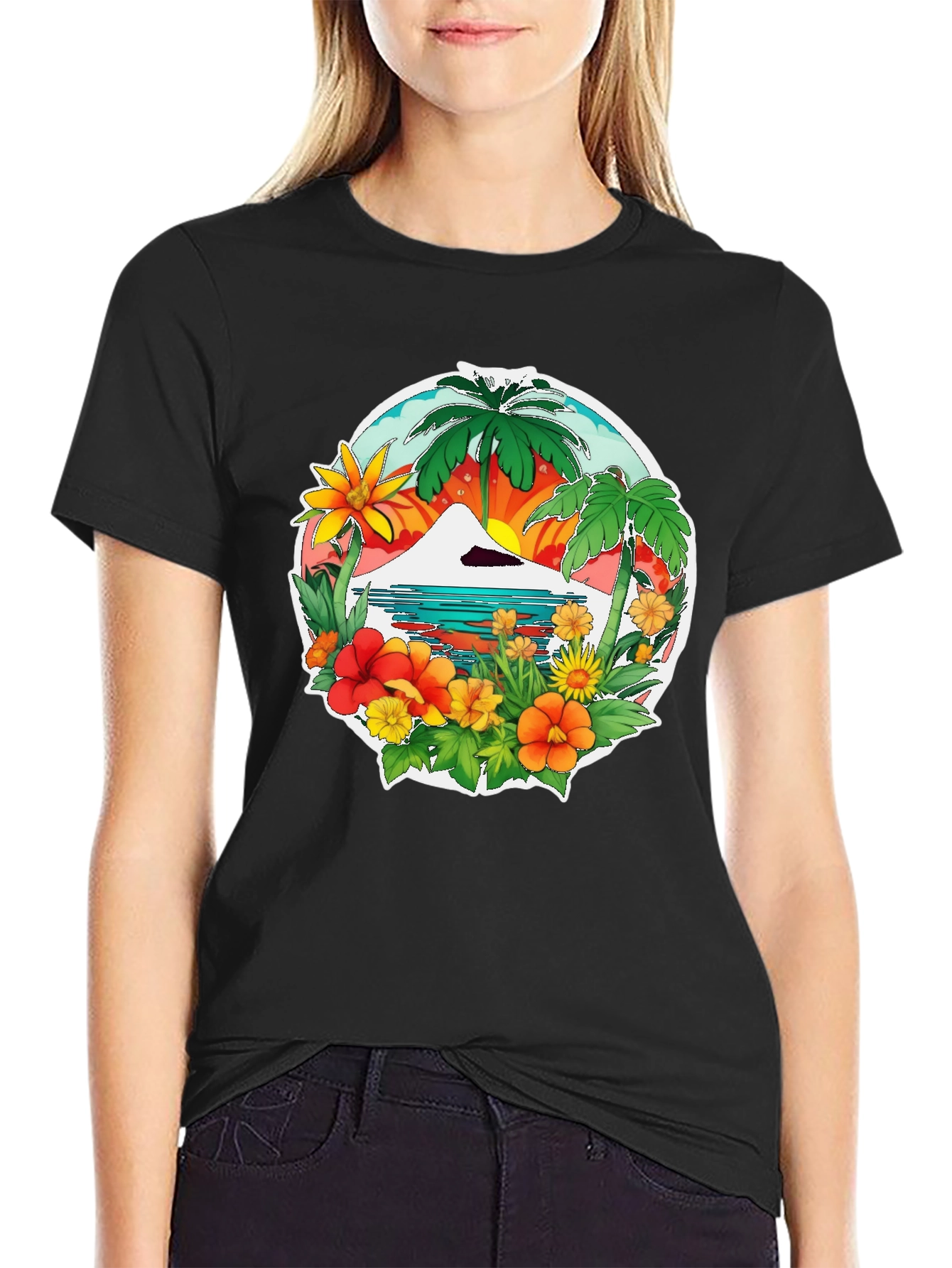 Tropical Island Graphic Tee - Black Casual Shirt