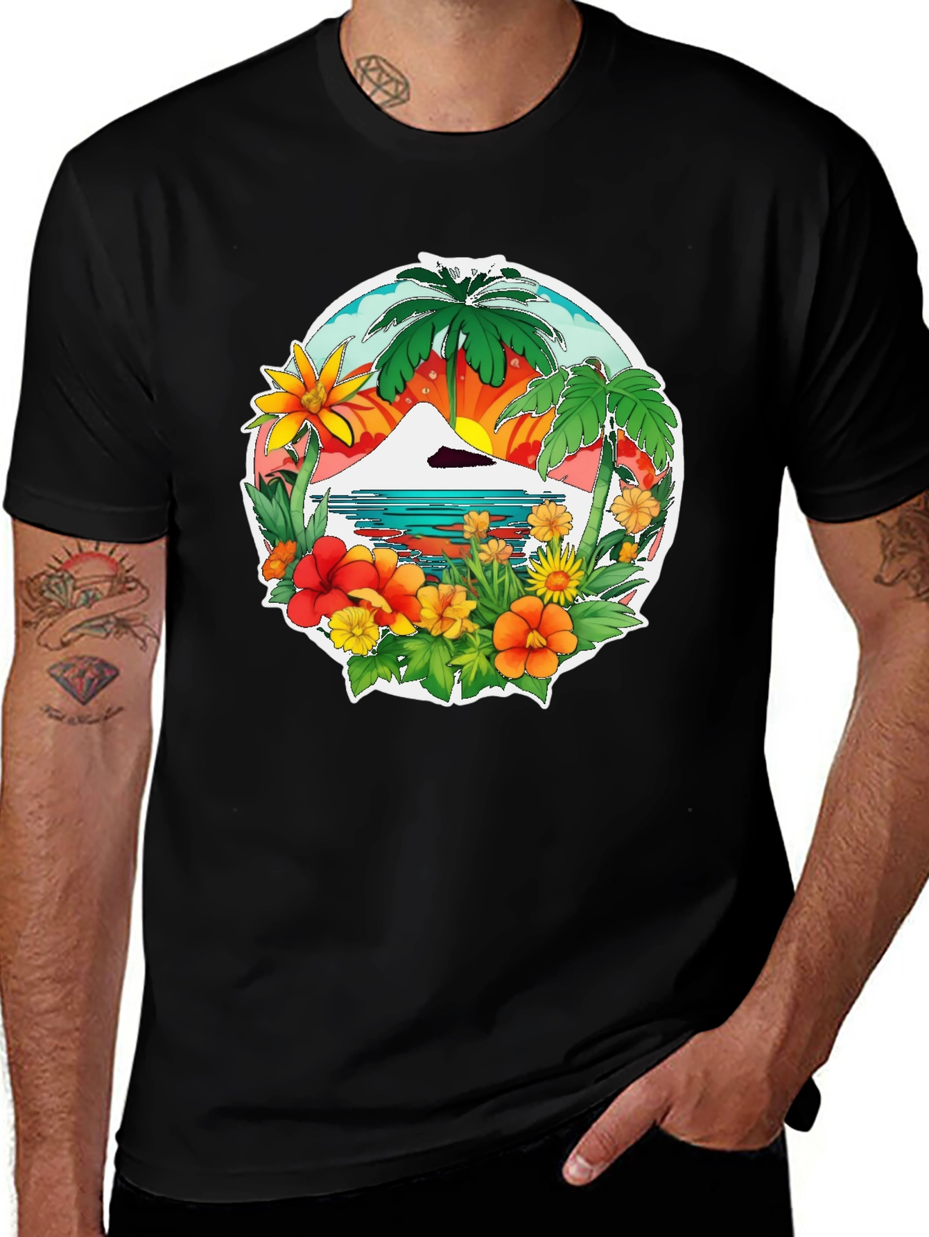 Tropical Island Graphic Tee - Black Casual Shirt