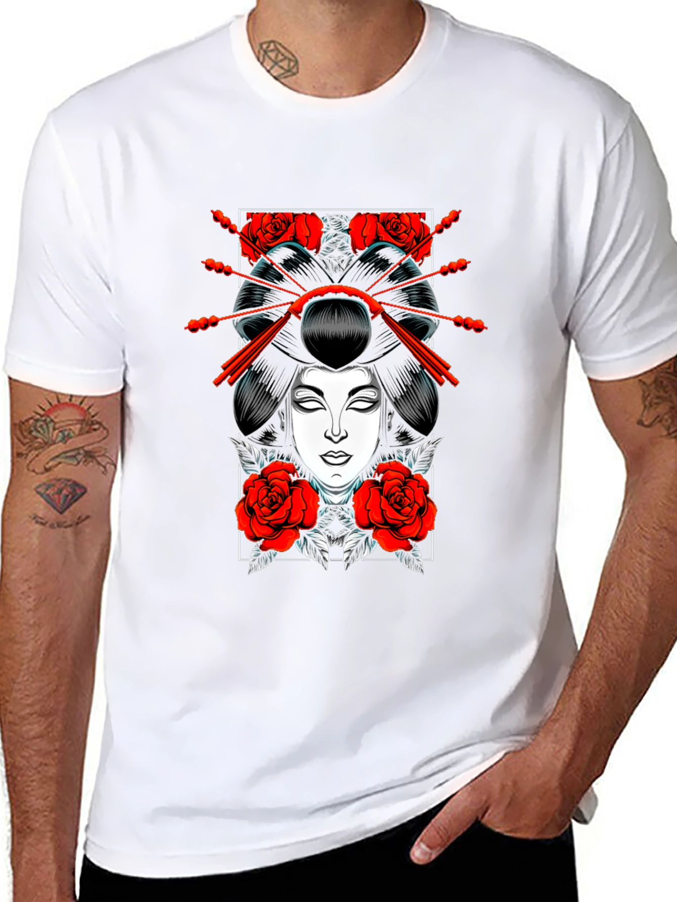 Geisha Rose Graphic Tee - Black Cotton T-Shirt