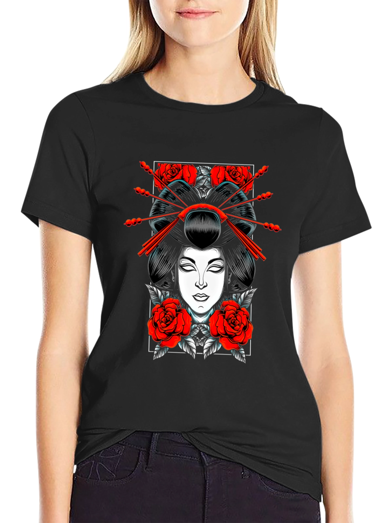 Geisha Rose Graphic Tee - Black Cotton T-Shirt