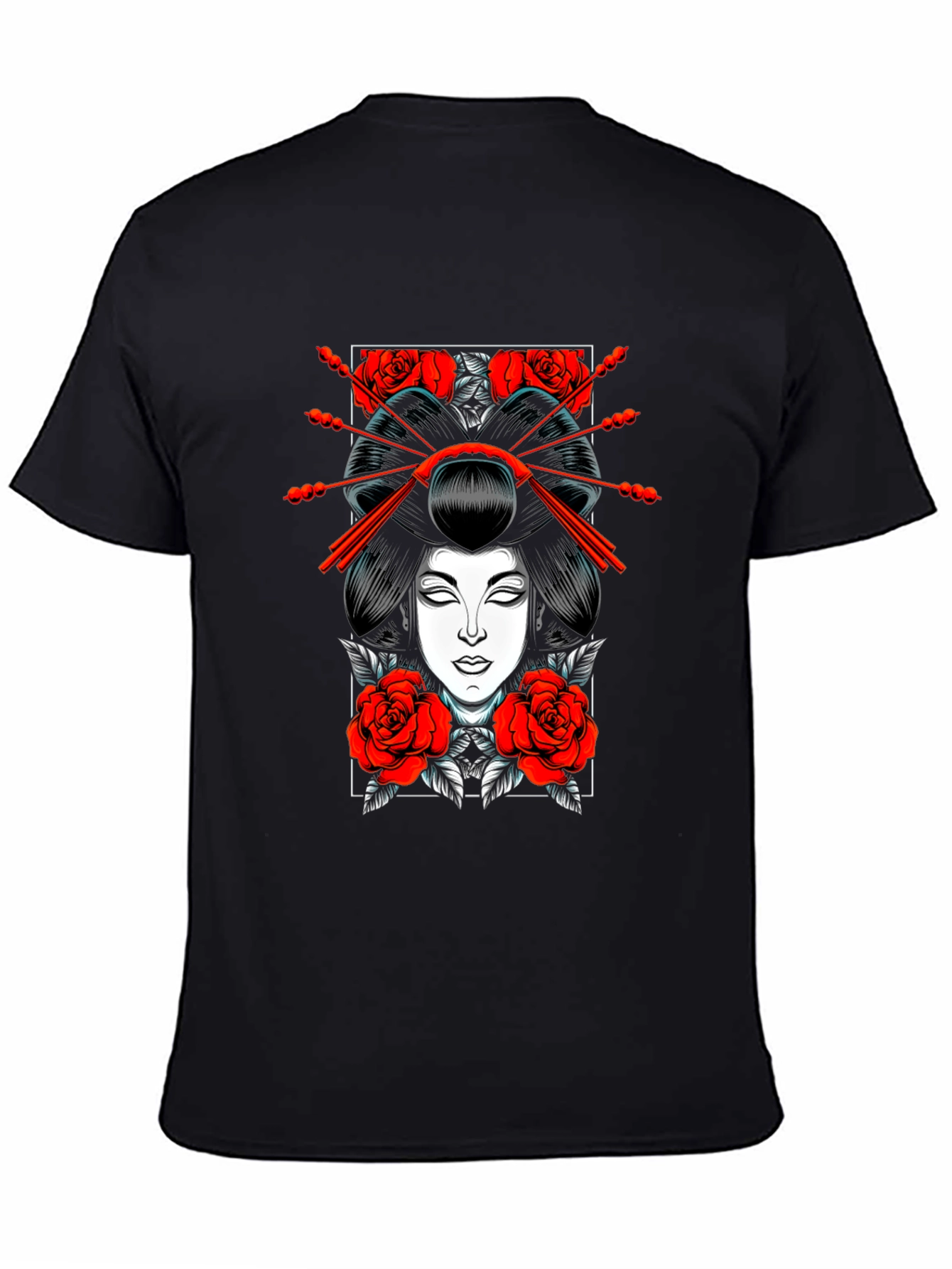 Geisha Rose Graphic Tee - Black Cotton T-Shirt