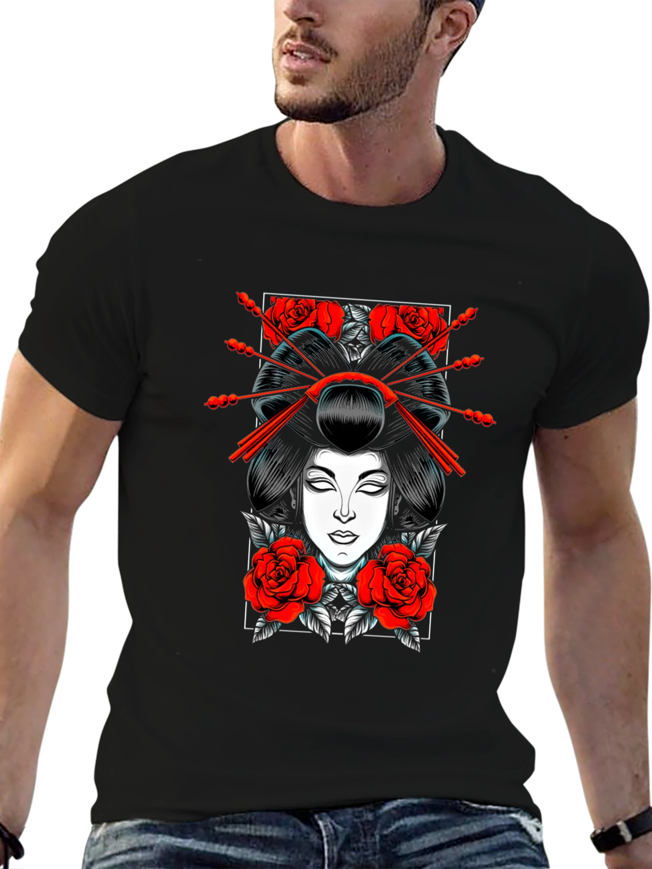 Geisha Rose Graphic Tee - Black Cotton T-Shirt