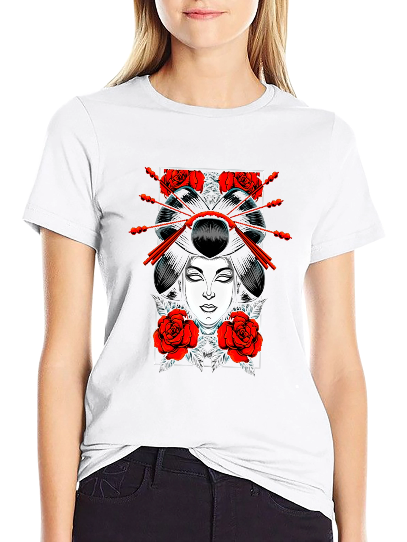 Geisha Rose Graphic Tee - Black Cotton T-Shirt