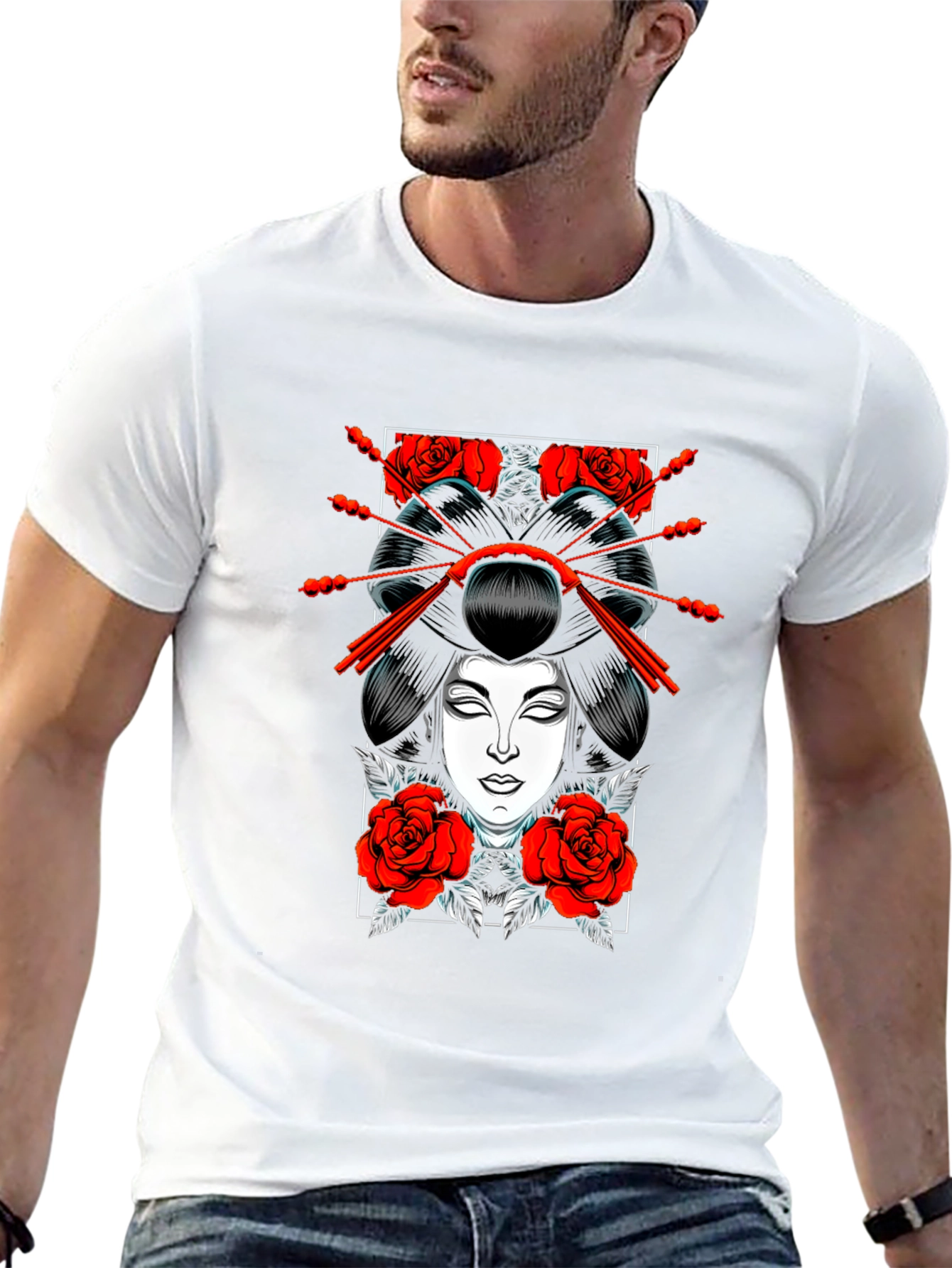 Geisha Rose Graphic Tee - Black Cotton T-Shirt