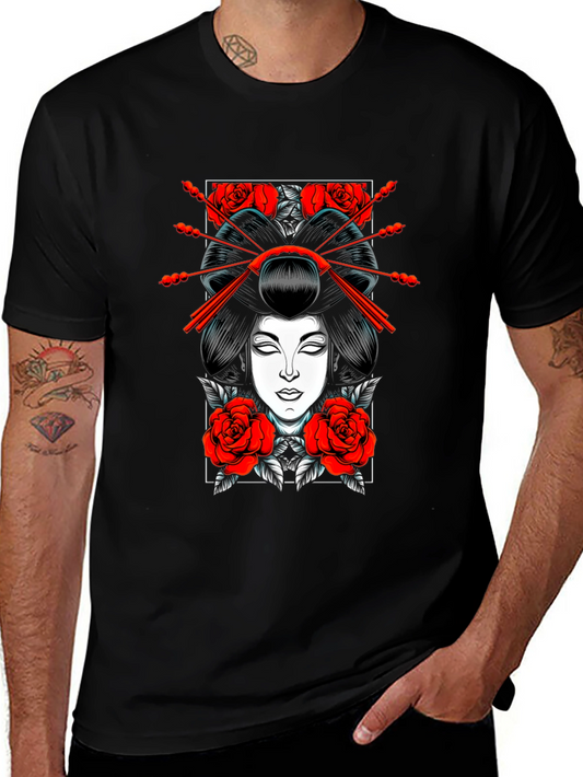 Geisha Rose Graphic Tee - Black Cotton T-Shirt