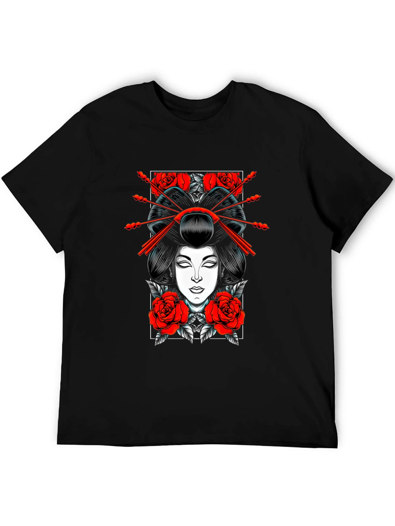 Geisha Rose Graphic Tee - Black Cotton T-Shirt
