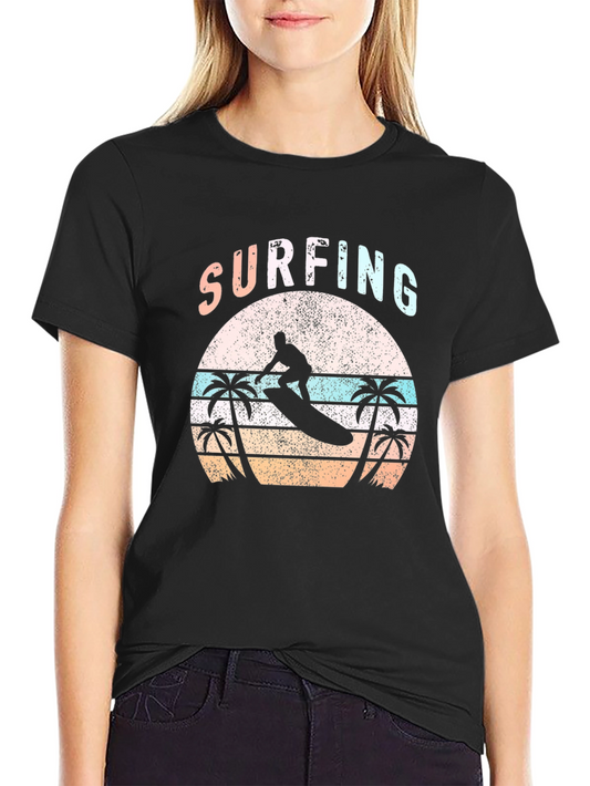 Surfing Palm Tree T-Shirt Retro Sunset