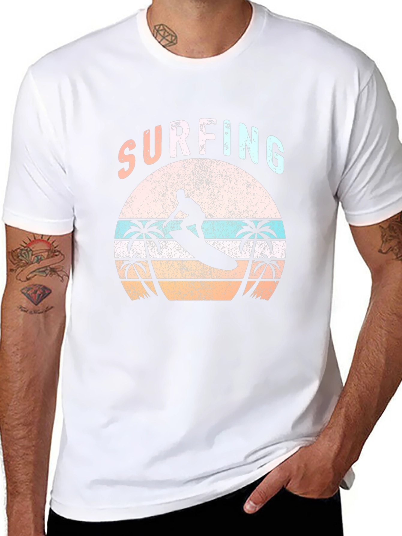 Surfing Palm Tree T-Shirt Retro Sunset