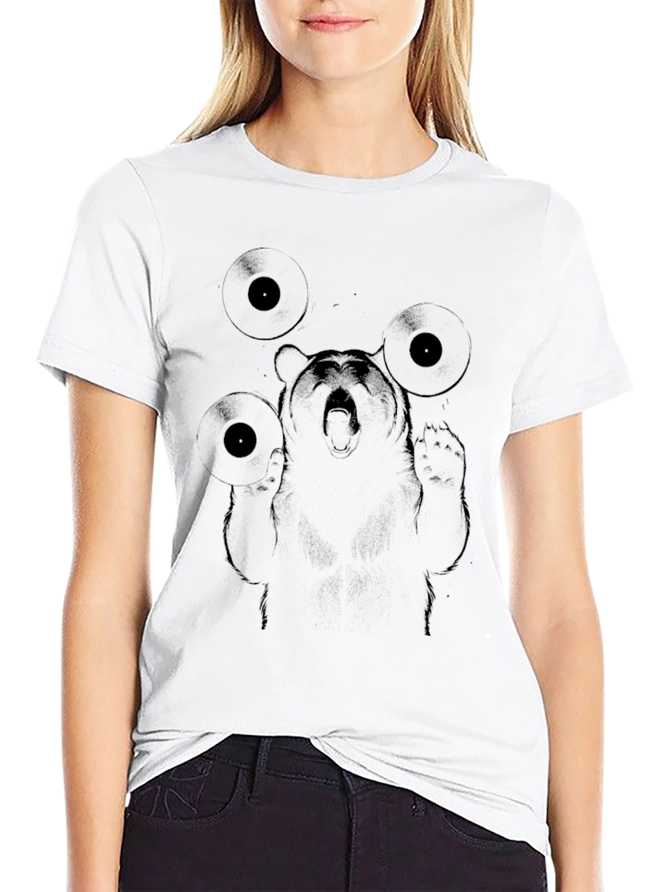 DJ Bear Graphic Tee - Black Cotton Blend T-Shirt