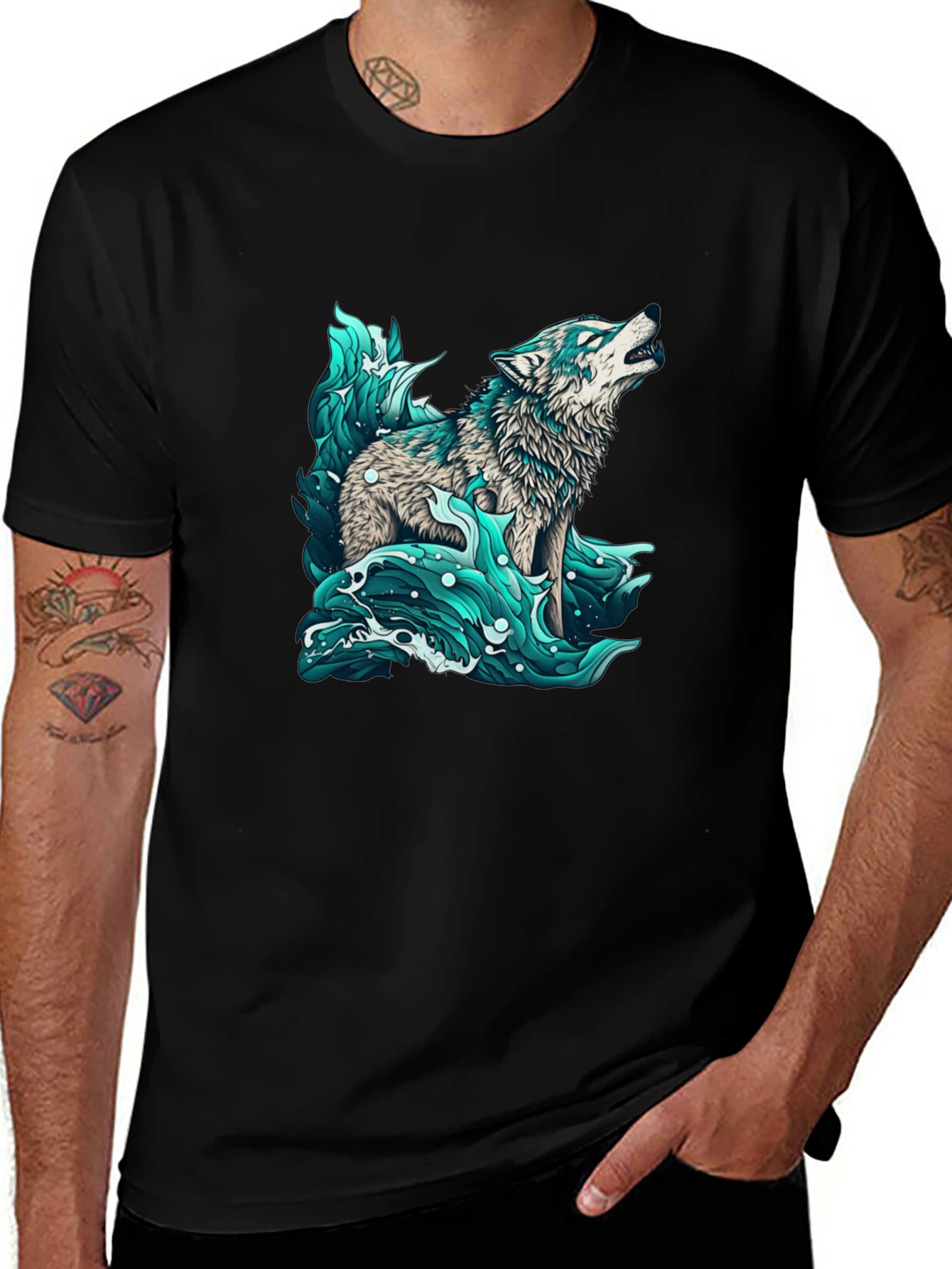 Wolf in Water Graphic Black T-Shirt