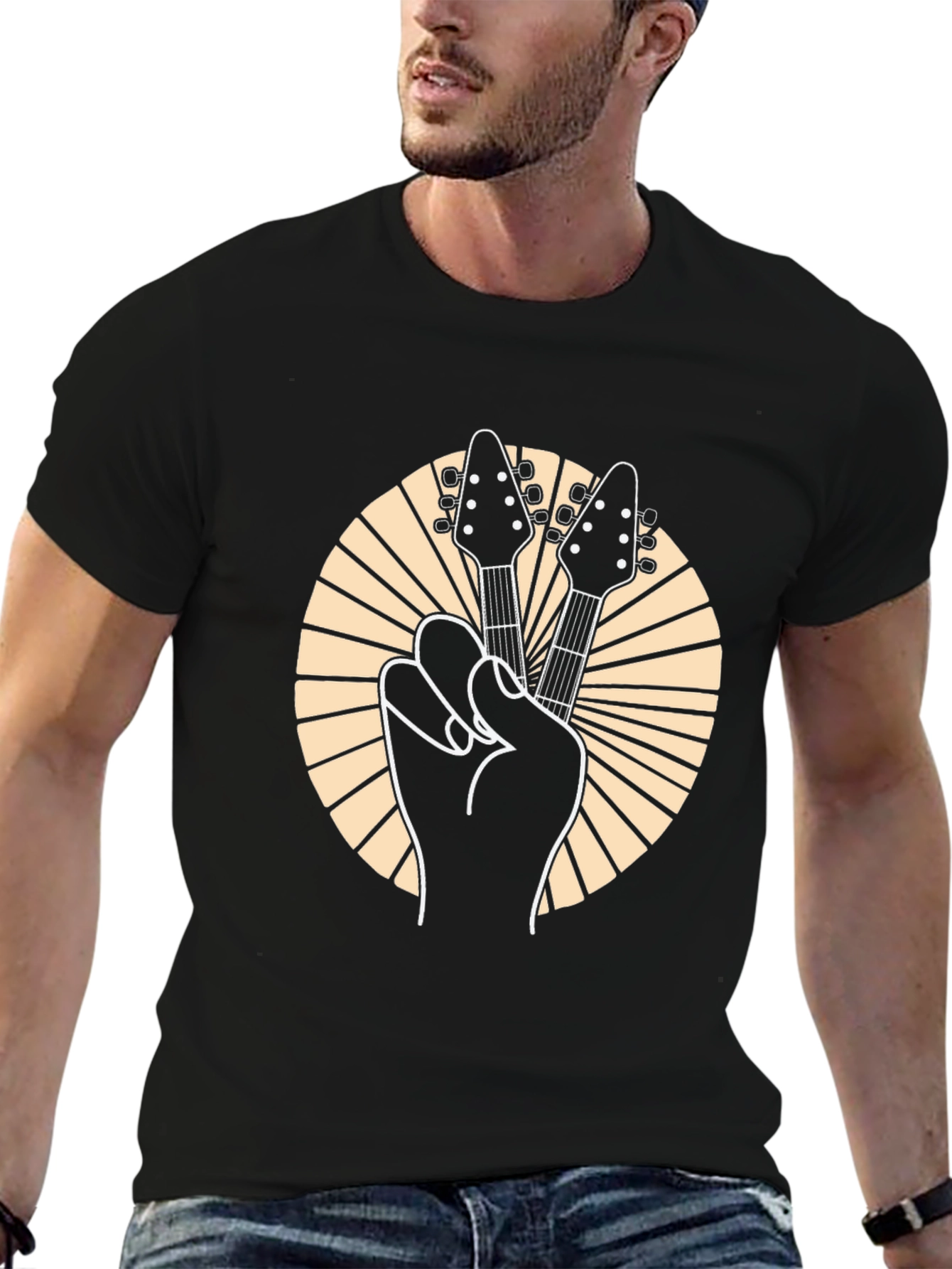 Rock On! Guitar Peace Sign Graphic Tee - Black