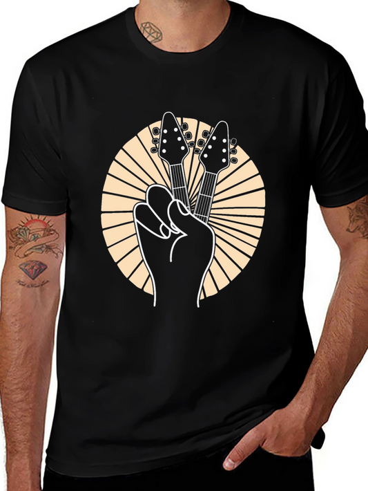 Rock On! Guitar Peace Sign Graphic Tee - Black