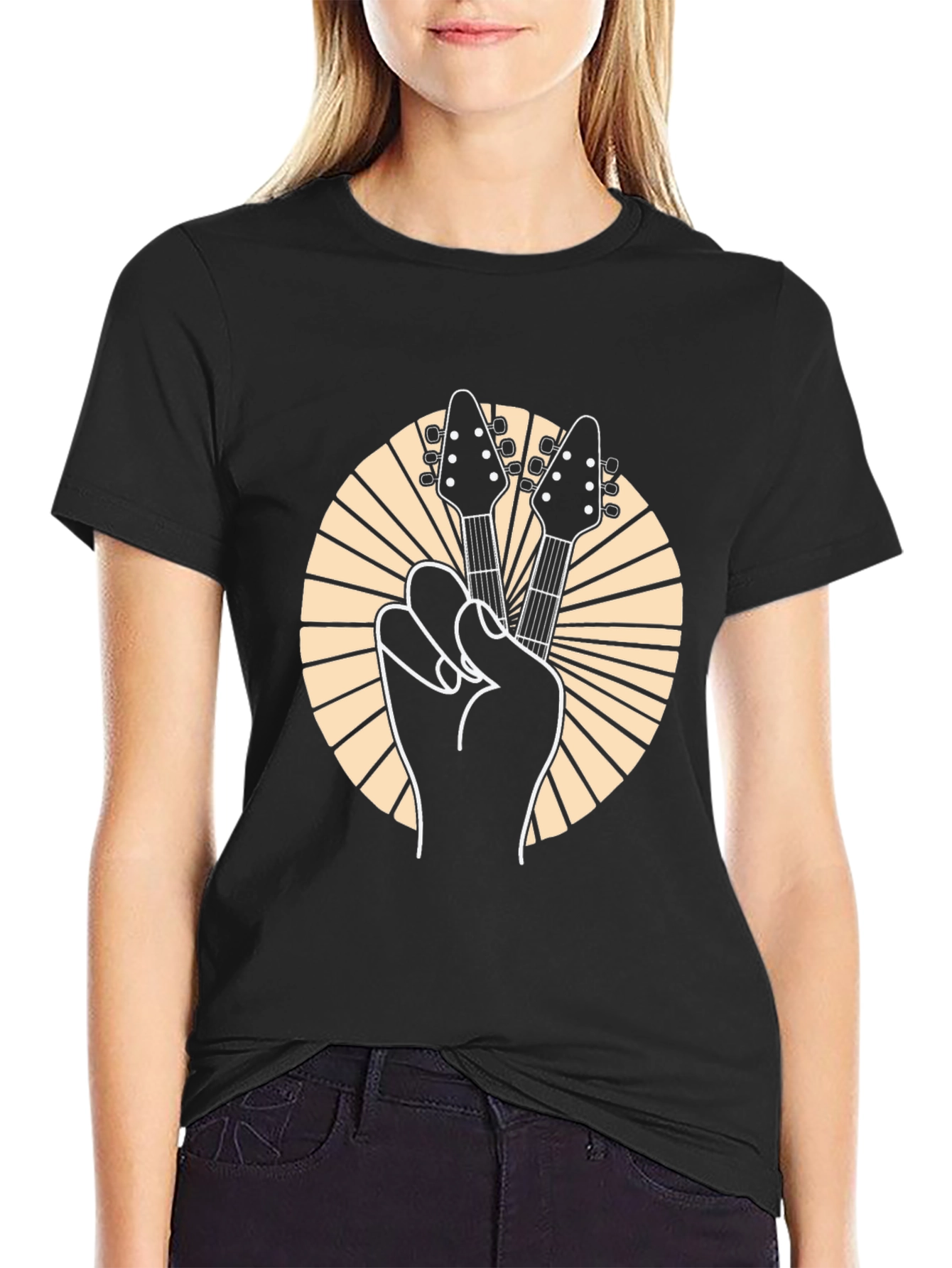 Rock On! Guitar Peace Sign Graphic Tee - Black