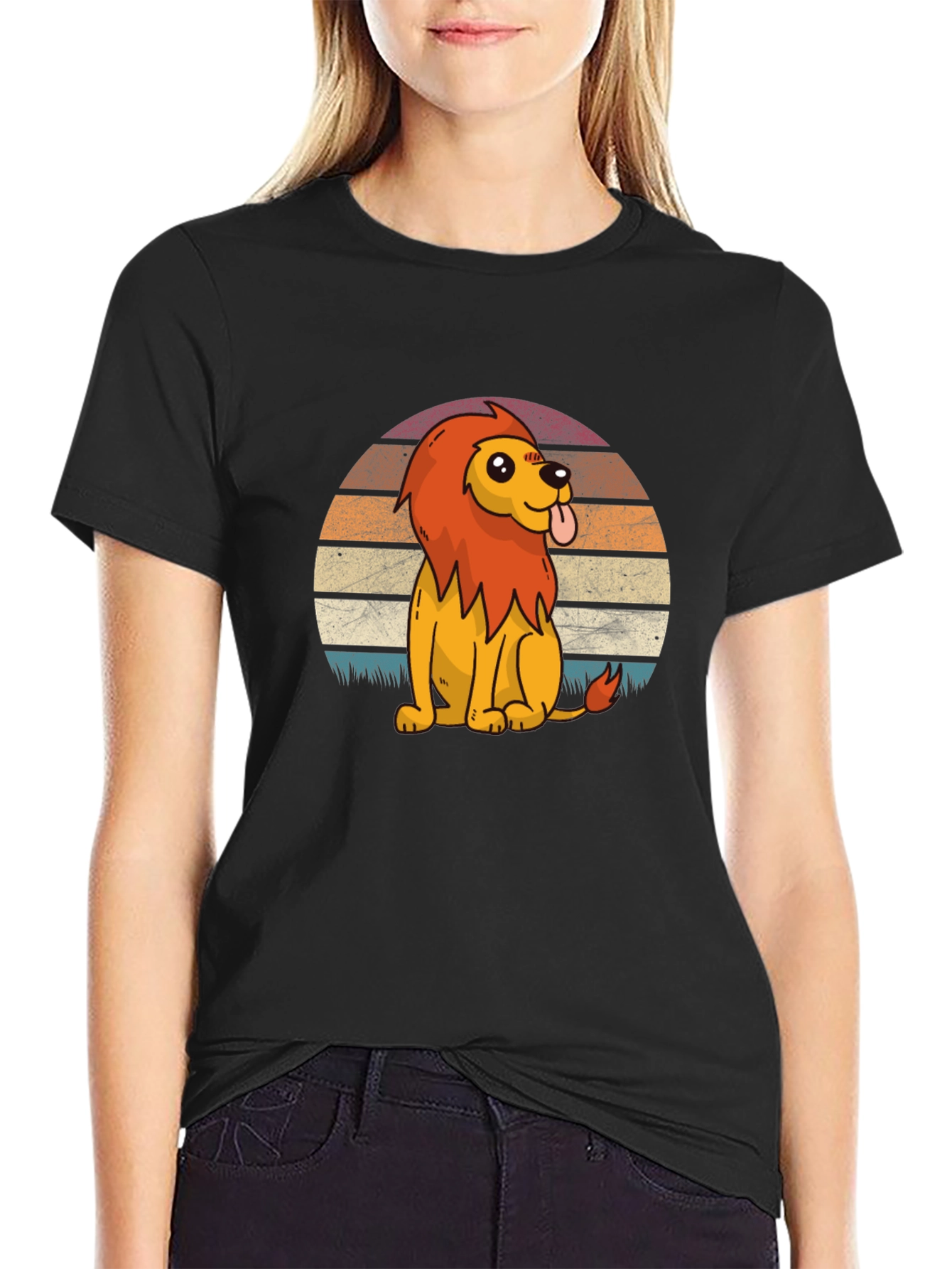 Cute Cartoon Lion Graphic Tee - Black